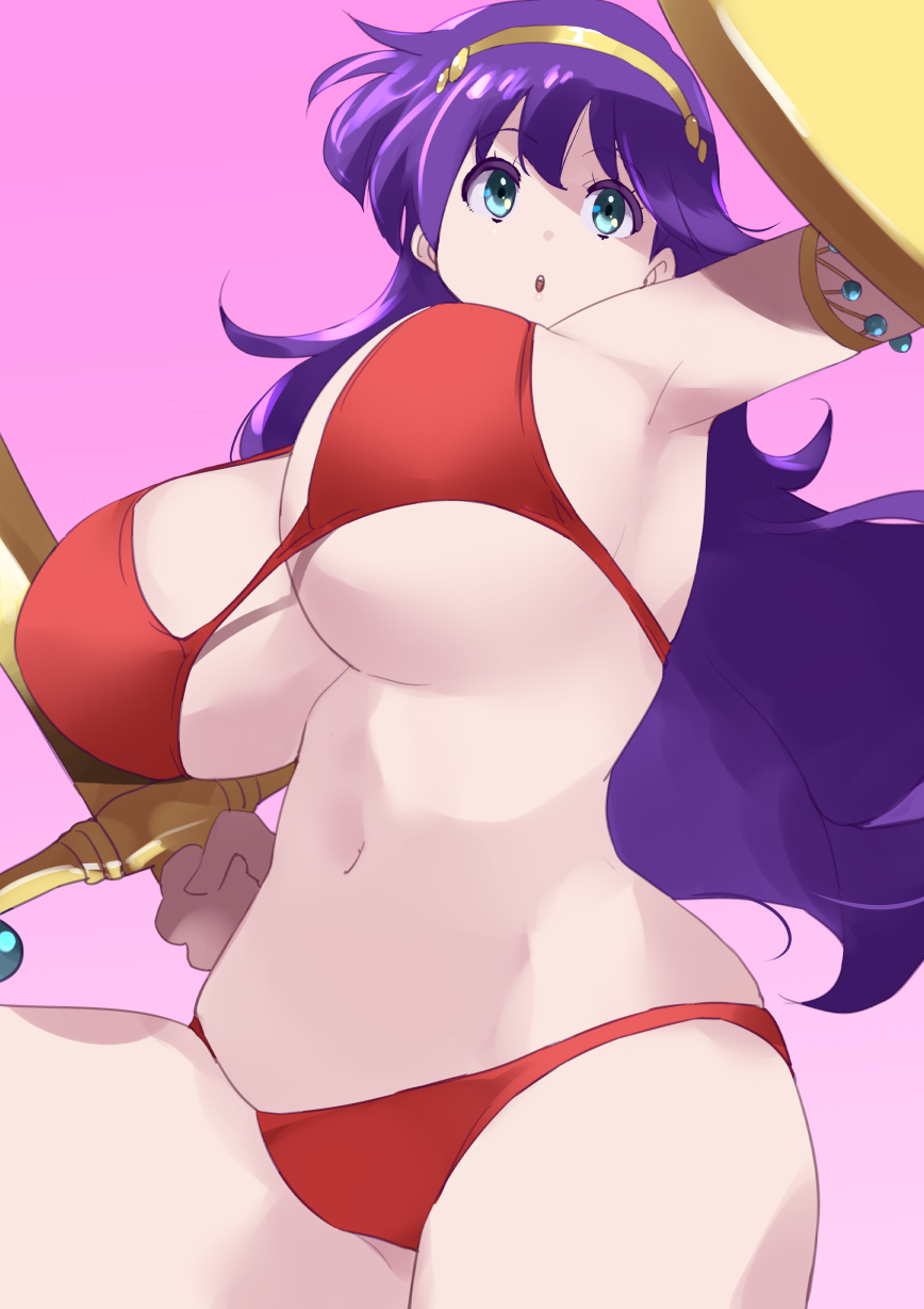 1girls arm_up armpits athena_(series) big_breasts bikini blue_eyes breasts busty cleavage female female_only from_below highres large_breasts legs long_hair navel princess princess_athena purple_hair red_bikini shield snk solo swimsuit sword thighs voluptuous weapon