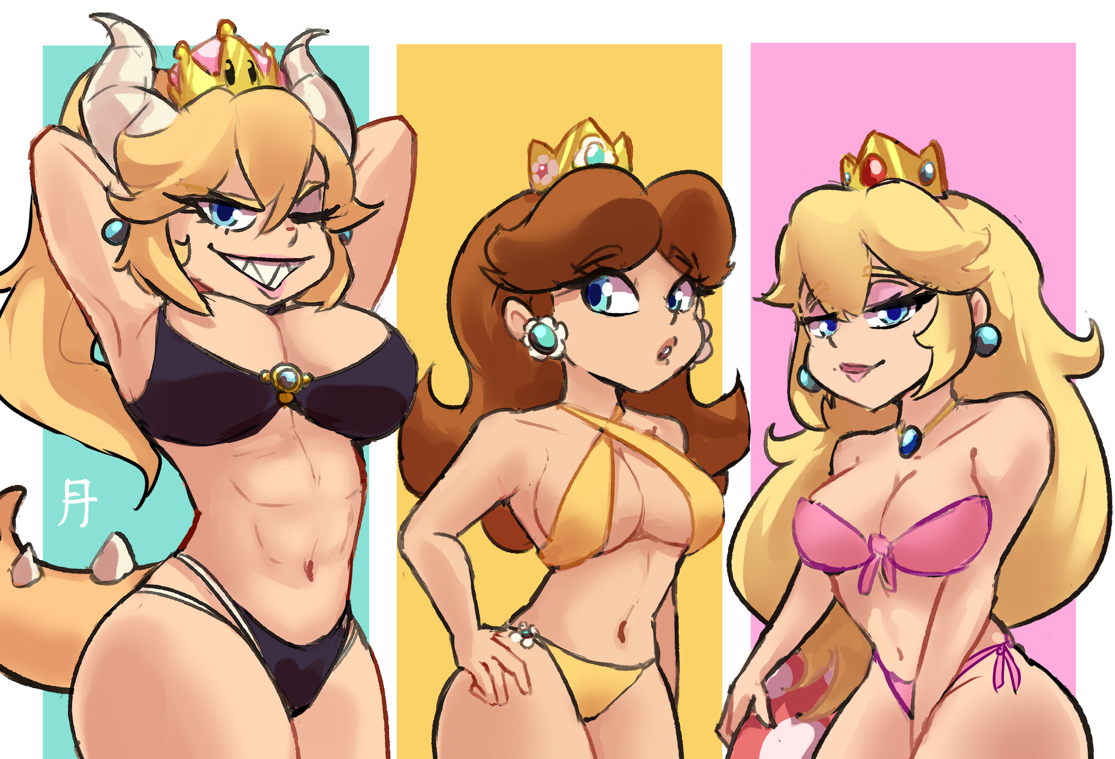 3girls, alex toons, armpits, arms behind head, big breasts, bikini, black bikini, bowsette, breasts, brown hair, busty, cleavage, criss-cross halter, female, female only, hand on hip, large breasts, legs, long hair, looking at viewer, mario (series), medium breasts, multiple females, multiple girls, navel, new super mario bros. u deluxe, nintendo, one eye closed, pink bikini, pink lips, ponytail, pose, posing, princess, princess daisy, princess peach, sensual, short hair, sideboob, smile, super mario bros., swimsuit, thighs, voluptuous, yellow bikini