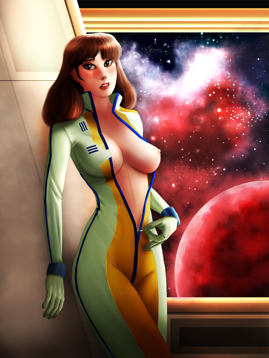 1girls 2010 against_wall blush bodysuit breasts brown_hair clothing curvaceous embarrassed exposed_breasts female female_only human large_breasts light-skinned_female light_skin long_hair looking_at_viewer macross medium_breasts misa_hayase nipples no_bra pilot_suit raulovsky science_fiction skin_tight solo space spacecraft standin super_dimension_fortress_macross undressing uniform unzipped unzipped_bodysuit unzipping wide_hips