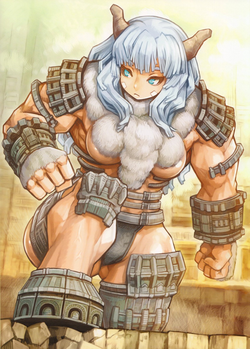 armor barba blue_eyes blue_hair breasts closed_mouth color day female female_only front_view frown hair horns muscles muscular_female open_eyes outdoors rule_63 shadow_of_the_colossus shigatake solo tan_skin