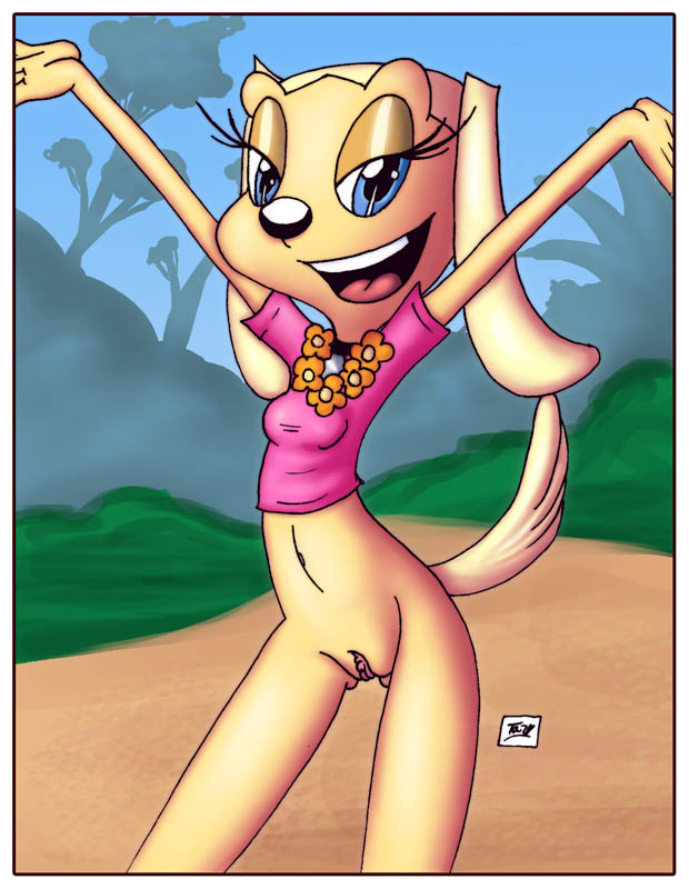 anthro bottomless brandy_&_mr_whiskers brandy_harrington canine clothes day disney disney_channel dog female female_only front_view fur furry furry_tail innocenttazlet looking_at_viewer mammal outdoors pussy raised_arms raised_tail shirt smile solo standing tagme tail toon_disney