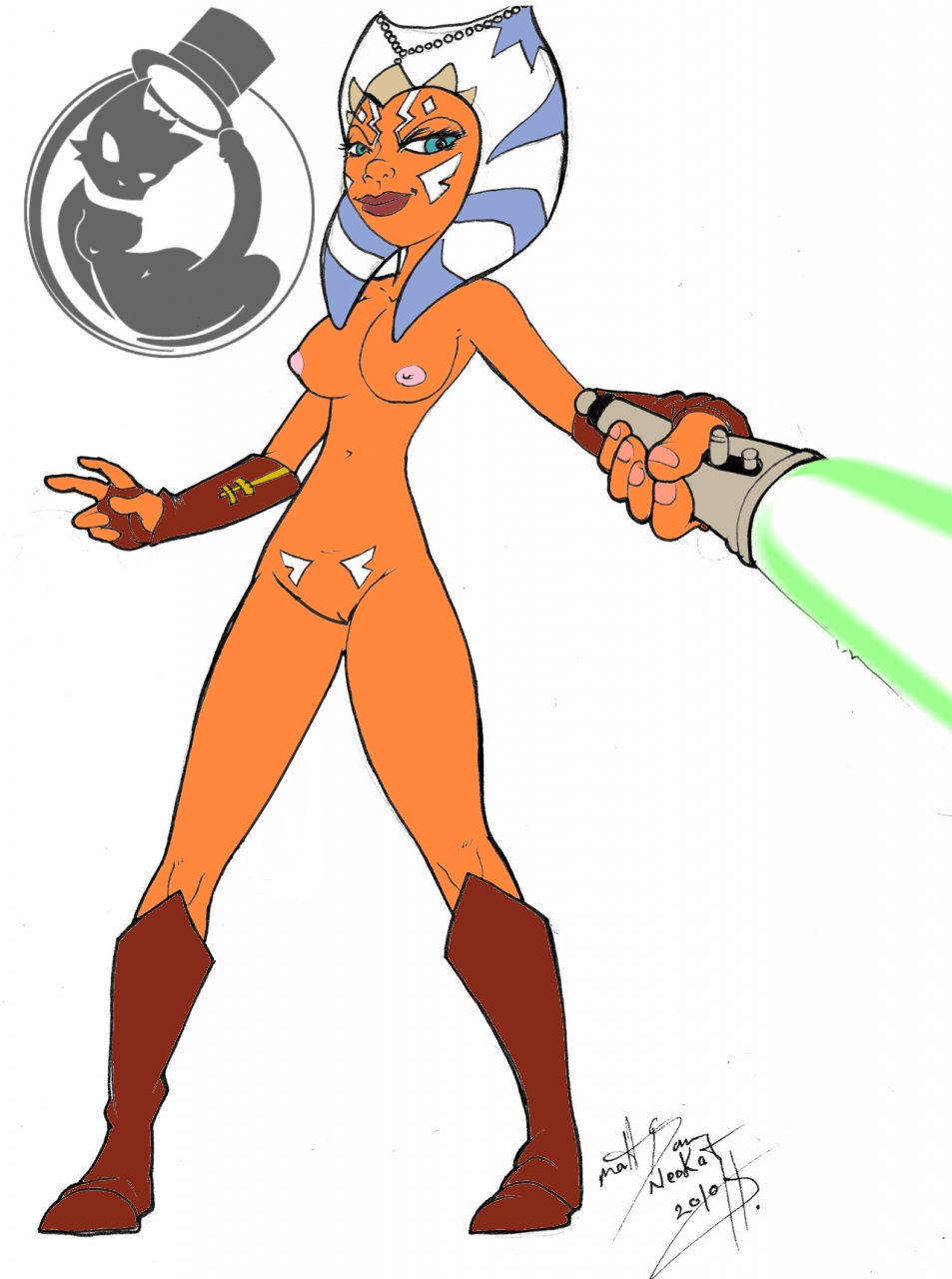 1girls ahsoka_tano big_breasts big_penis blue_eyes breasts cleavage clone_wars erection female female_only green_lightsaber jedi jedi_padawan lightsaber neokat nipples nude penis simple_background smile solo star_wars the_clone_wars:_season_one togruta watermark white_background