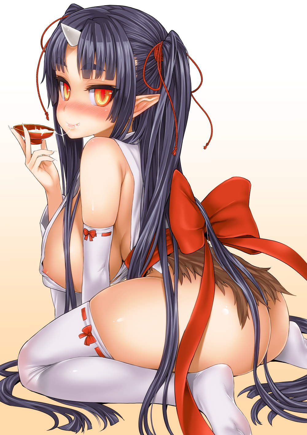 1girls, areola slip, areolae, asanagi, ass, bare shoulders, big breasts, black hair, blush, bow, breasts, cum, cum drinking, cum in container, cum in mouth, cum string, cute fang, demon, demon girl, detached sleeves, erect nipples, feet, female, female only, highres, hinomoto oniko, horn, huge breasts, japanese clothes, legs, long hair, long twintails, looking at viewer, looking back, nipples, no bra, no panties, no shoes, oni, original, pointy ears, red eyes, ribbon, sakazuki, sake, sideboob, simple background, sitting, smile, solo, thighhighs, thighs, tied hair, twintails, very long hair, wariza, white legwear, white thighhighs
