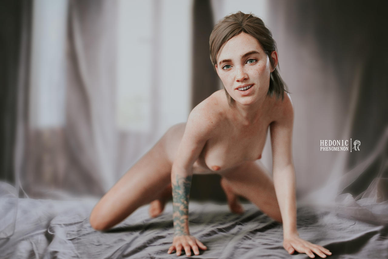 3d, areolae, blue eyes, breasts, brown hair, busty, ellie (the last of us), ellie williams, female, female focus, female only, hedonicphenomenon, hourglass figure, long hair, nipples, nude, nude female, nudity, on all fours, pinup, pinup pose, pose, posing, realistic, small breasts, tagme, tattoo, the last of us, the last of us 2, wide hips