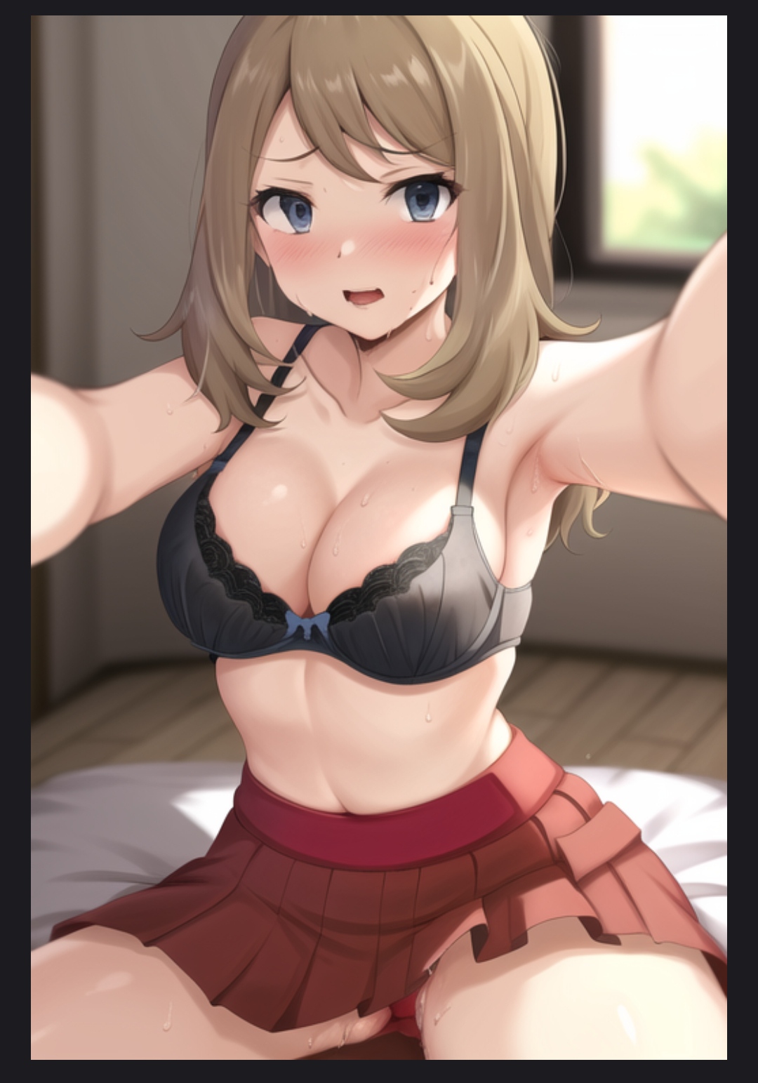 1girls, ai generated, black lingerie, blue eyes, blush, bra, eye contact, female, female focus, female only, game freak, lingerie, long hair, miniskirt, nintendo, pokemon, pokemon xy, pov, pov eye contact, selfie, serena (pokemon games), serena (pokemon), sitting, stable diffusion, sweat, valdon