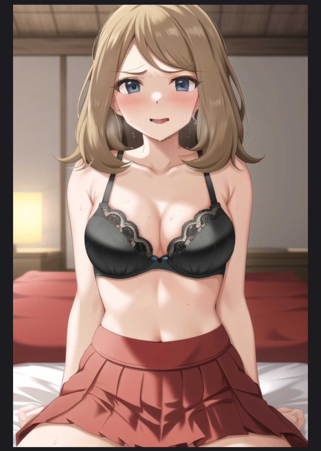 1girls, ai generated, black lingerie, blue eyes, blush, bra, eye contact, female, female focus, female only, game freak, lingerie, long hair, miniskirt, nintendo, pokemon, pokemon xy, pov, pov eye contact, serena (pokemon games), serena (pokemon), sitting, stable diffusion, sweat, valdon