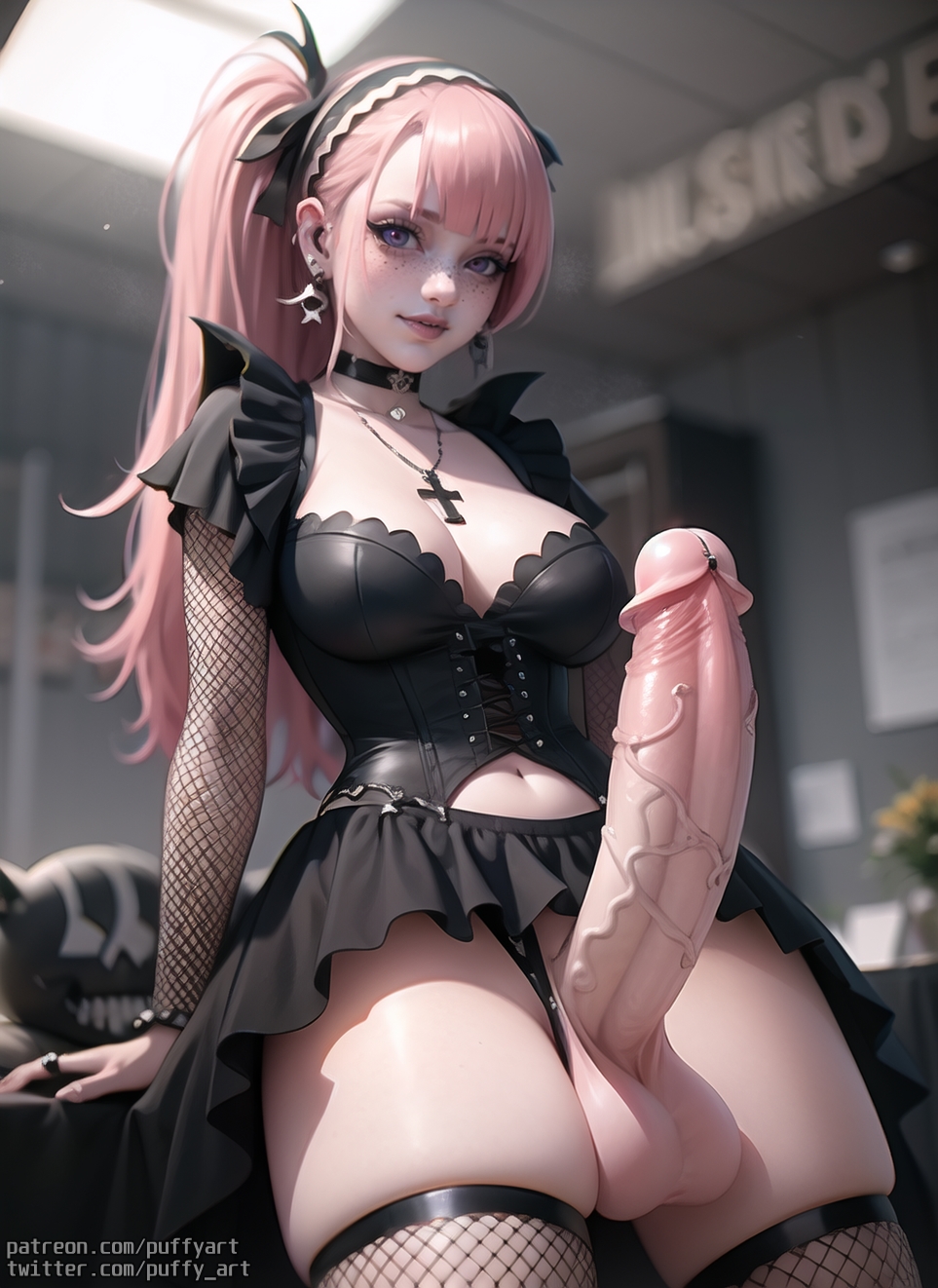 1dickgirl, 1futa, ai generated, balls, bangs, belly button, big penis, cleavage, collar, corset, cross, dickgirl, earrings, fishnet armwear, fishnet legwear, fishnets, freckled skin, freckles, freckles on face, futa only, futa sans pussy, futanari, goth, gothic, headband, huge balls, huge cock, huge penis, human, hyper balls, hyper genitalia, hyper penis, indoors, intersex, penis, penis piercing, piercing, pink eyes, pink hair, ponytail, puffyart, skirt, solo, solo futa, thick thighs, thighs, unrealistic proportions, veiny penis