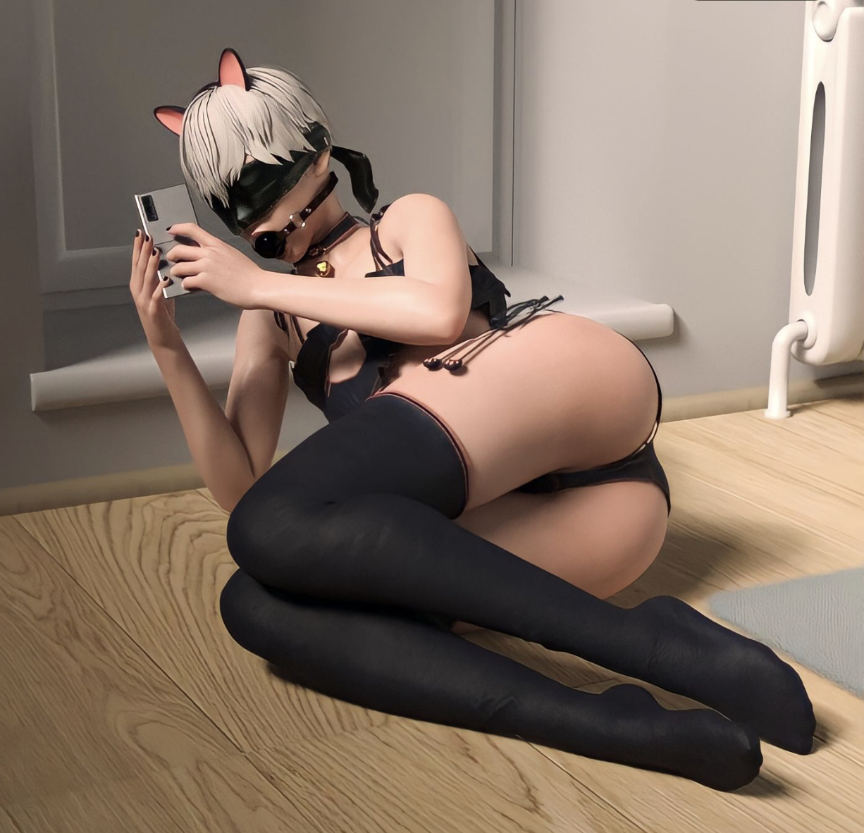 1boy, 3d, ball gag, blindfold, cat ears, clothing, femboy, light skin, light-skinned male, male, male focus, male only, mmmph, nier, nier: automata, short hair, solo, trap, white hair, yorha 9s