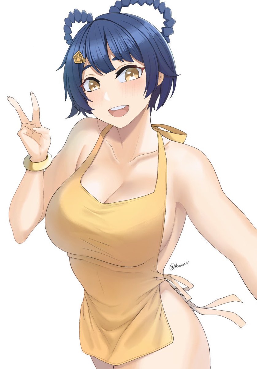 1girls aori_sora apron big_breasts blue_hair blush breasts female female_only genshin_impact huge_breasts large_breasts naked_apron solo solo_female thick_thighs thighs v_sign white_background xiangling_(genshin_impact) yellow_eyes