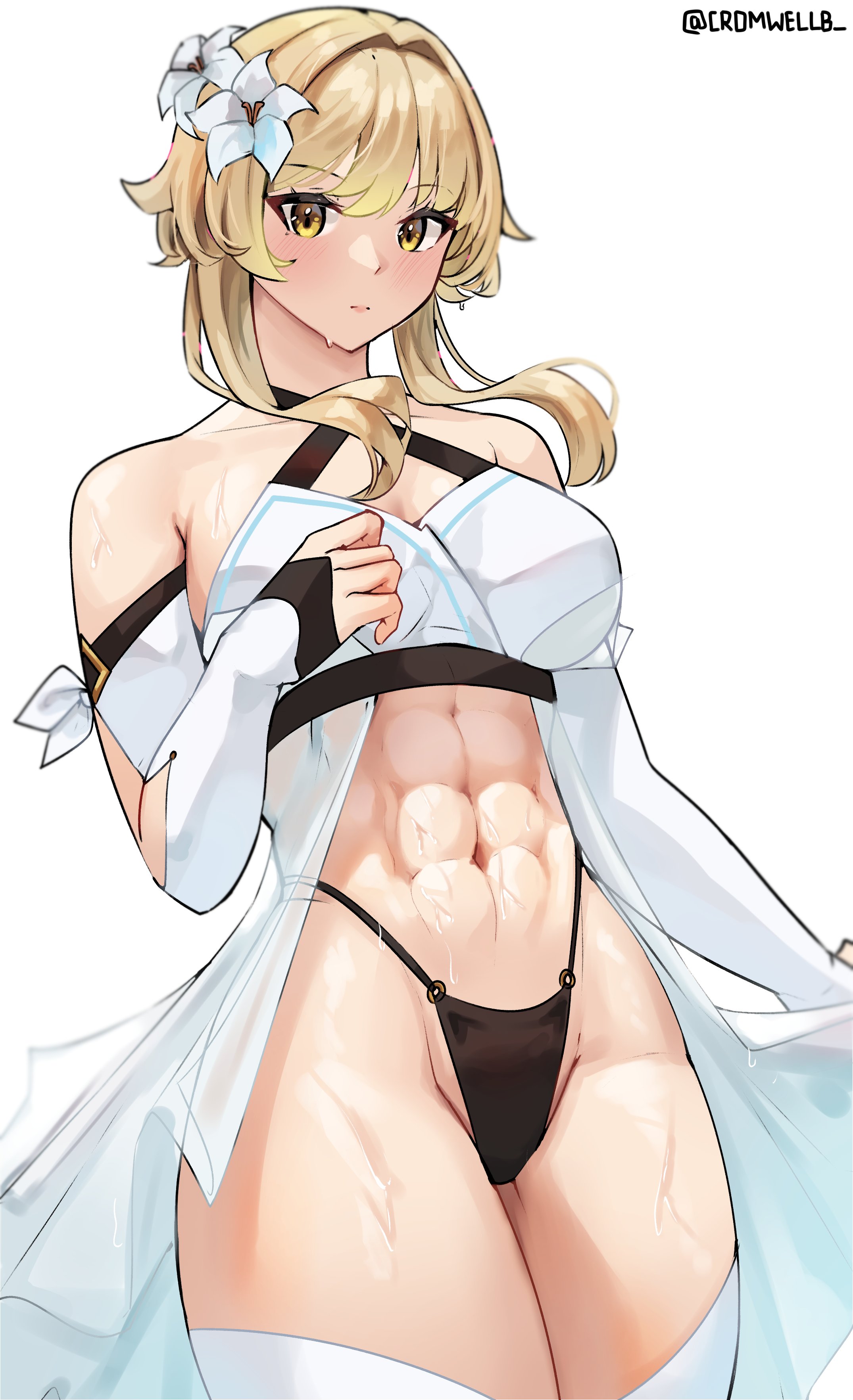 abs, absurdres, bare shoulders, blonde hair, boots, breasts, cromwellb, detached sleeves, dress, elbow gloves, female, fingerless gloves, flower, genshin impact, gloves, hair flower, hair ornament, high heel boots, high heels, highleg, highleg panties, highres, lumine (genshin impact), medium breasts, muscular, muscular female, navel, panties, short hair with long locks, sleeveless, sleeveless dress, solo, sweat, thigh boots, twitter username, underwear, white background, white dress, white flower, white footwear, white gloves, white sleeves, yellow eyes