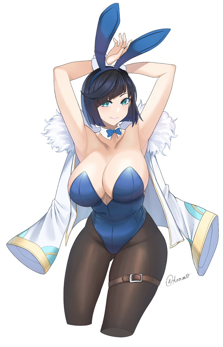 1girls aori_sora armpits big_breasts blue_hair breasts bunny_ears bunny_girl bunnysuit female female_only genshin_impact huge_breasts large_breasts pantyhose short_hair solo solo_female thick_thighs thigh_strap thighs turquoise_eyes yelan_(genshin_impact)