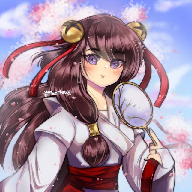 adventurequest_worlds ai_no_miko anime_style aqw aqworlds artix_entertainment asian asian_female blue_sky blush brown_hair cherry_blossoms clothed clothed_female clothing digital_drawing_(artwork) digital_media_(artwork) fingerless_gloves hair_ornament hair_pin hand_mirror hiccupbunny long_hair ponytail_over_shoulder purple_eyes red_sash white_clothing yukata