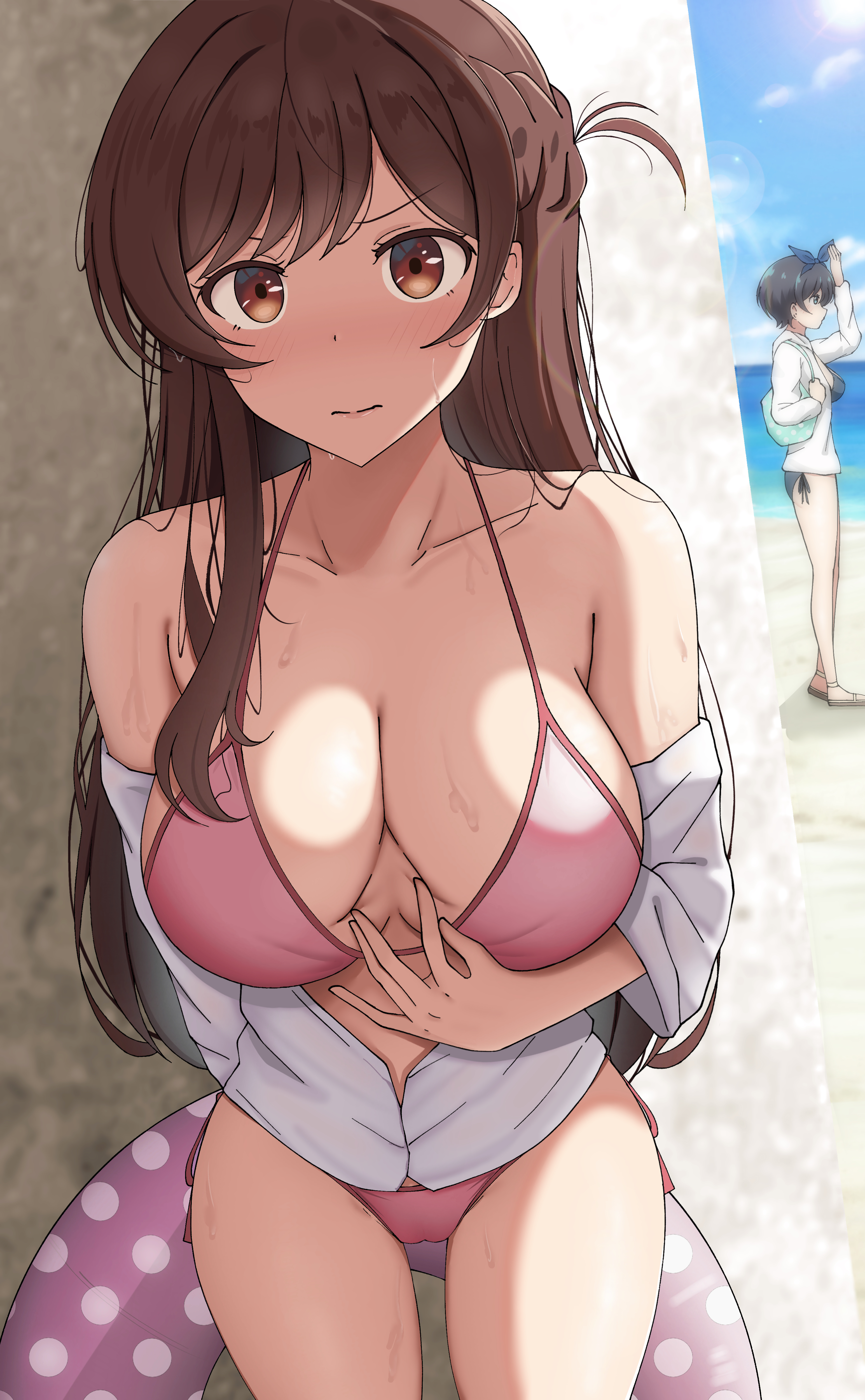 2girls, beach, bikini, breasts, brown eyes, brown hair, busty, cleavage, female, hiding, kanojo okarishimasu, large breasts, looking at viewer, mizuhara chizuru, paizuri invitation, poa mellhen, pov, presenting breasts, sarashina ruka, spreading