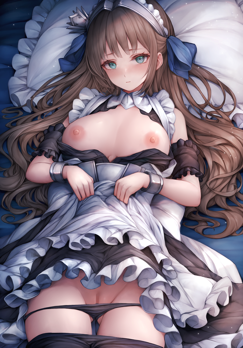 apron ass_visible_through_thighs azur_lane blue_eyes blush breasts brown_hair censored clothes_lift dress female hair_ornament large_breasts long_hair looking_at_viewer lying maid maid_apron maid_headdress mosaic_censoring newcastle_(azur_lane) nipples on_back panties panty_pull pussy ribbon skirt skirt_lift snm_(sunimi) solo thighhighs underwear