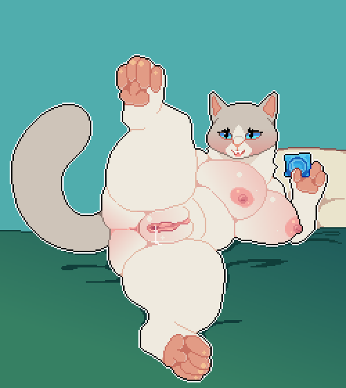 2023, 4 toes, anthro, areola, bed, big breasts, blue eyes, bodily fluids, breasts, butt from the front, condom, condom in hand, digital media (artwork), digitigrade, domestic cat, eyelashes, feet, felid, feline, felis, female, fur, furniture, furry, furry only, genital fluids, genitals, grey body, grey fur, humanoid genitalia, humanoid pussy, lying, mammal, mertvykhcrows, nipples, on bed, on side, open mouth, pawpads, pillow, pink areola, pink nipples, pink pawpads, pixel (artwork), pussy, pussy juice, sexual barrier device, sharp teeth, shortstack, soles, solo, spread legs, spreading, tail, teeth, thick thighs, toes, white body, white fur, wrapped condom