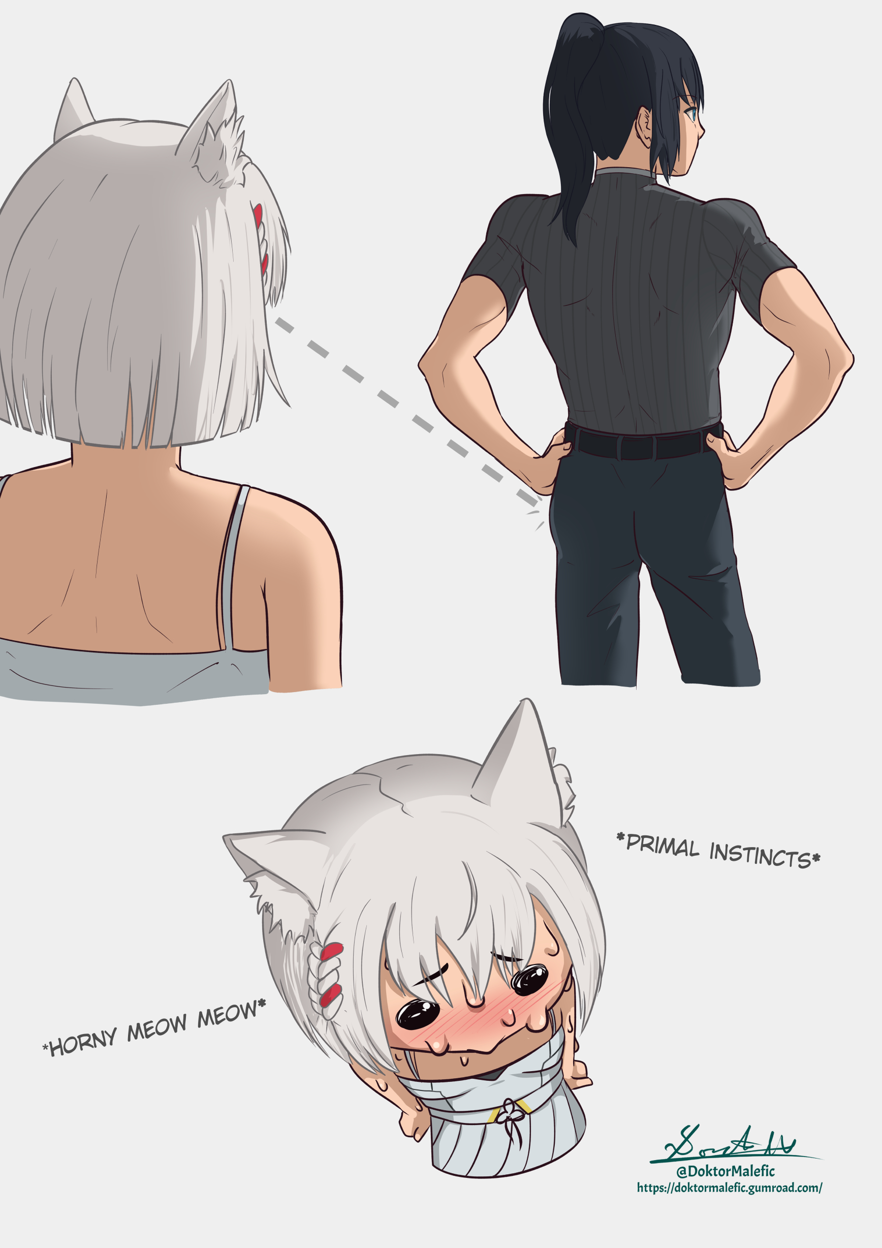 1boy, 1girls, blush, canon couple, cat ears, cat girl, catgirl, color, colored, doktor malefic, female, male, mio (xenoblade), noah (xenoblade), sweat, sweatdrop, sweating, text, xenoblade (series), xenoblade chronicles, xenoblade chronicles 3