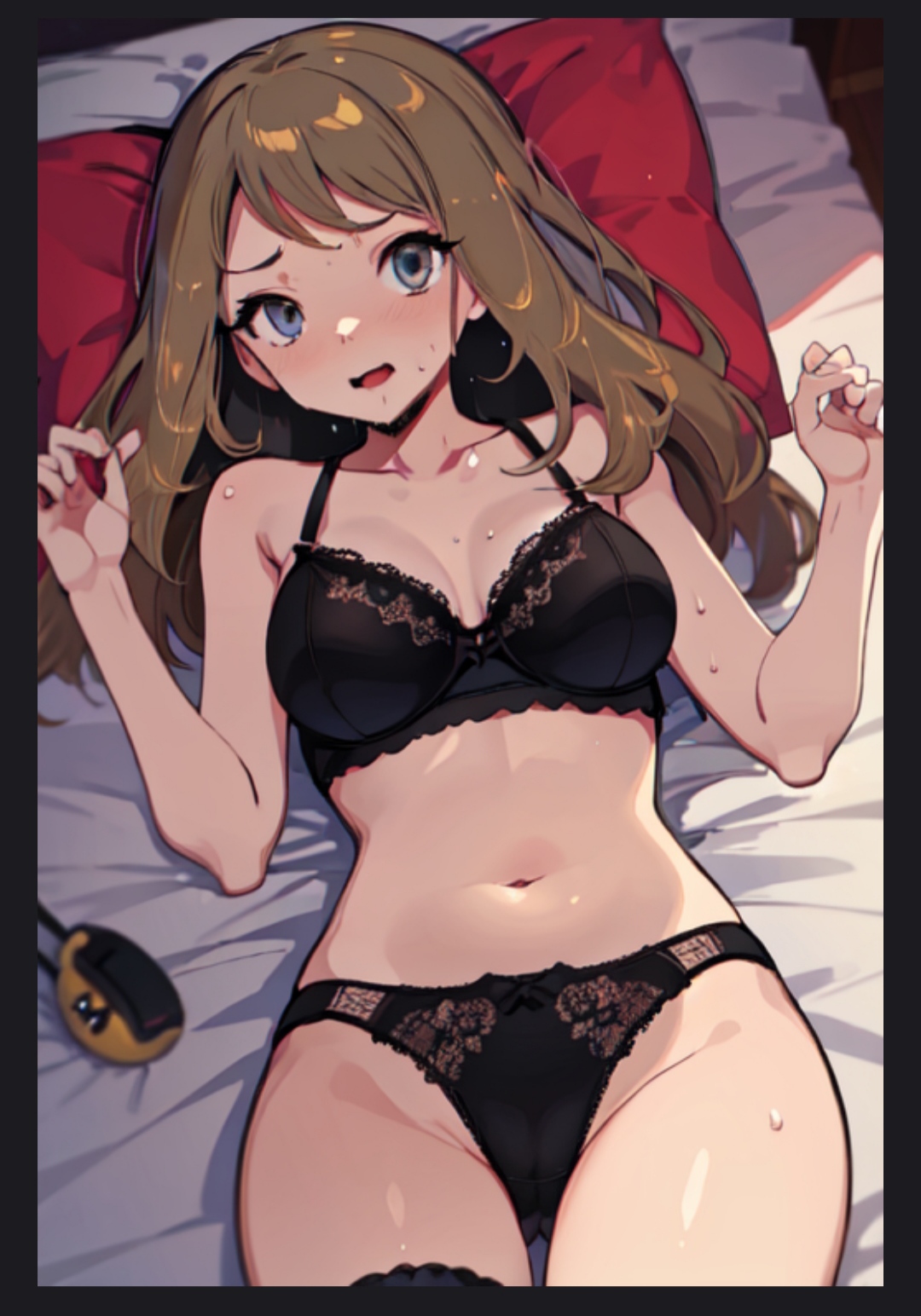 1girls, ai generated, black lingerie, blue eyes, blush, bra, eye contact, female, female focus, female only, game freak, lingerie, long hair, lying, nintendo, panties, pokemon, pokemon xy, pov, pov eye contact, selfie, serena (pokemon games), serena (pokemon), sweat, valdon