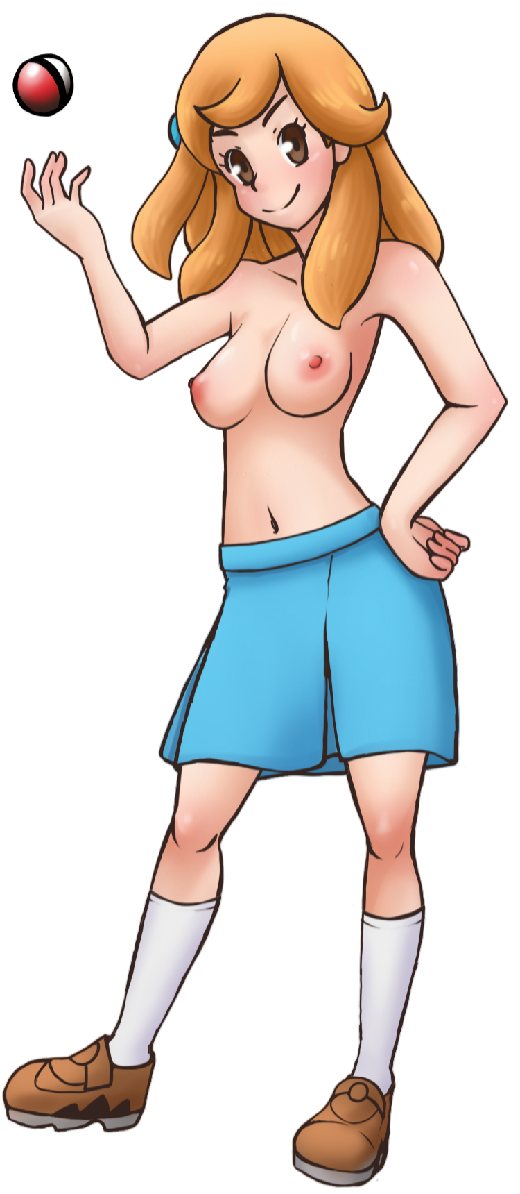 breasts female female_only half-dressed half_naked human human_only lass_(pokemon) lass_(pokemon_frlg) looking_at_viewer naked naked_female nintendo nipples no_bra npc_trainer nude nude_female orange_hair pokecchi-dex pokemon pokemon_frlg red_hair shoes skirt socks