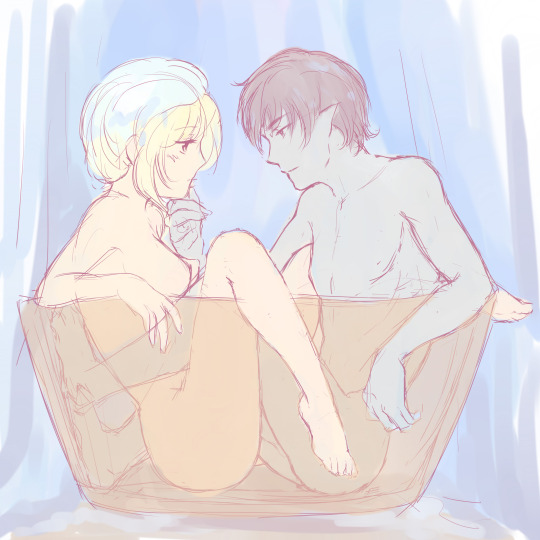 1boy 1girls 2015 adventure_time anime_style barefoot bathing_together bathtub bigger_male breasts cartoon_network colored duo eyebrows_visible_through_hair eyes_visible_through_hair fangcovenly fionna_the_human_girl full_body hand_on_face long_hair looking_each_other lowres male marshall_lee nipples nude nude_female nude_male short_hair shower_cap thighs vampire