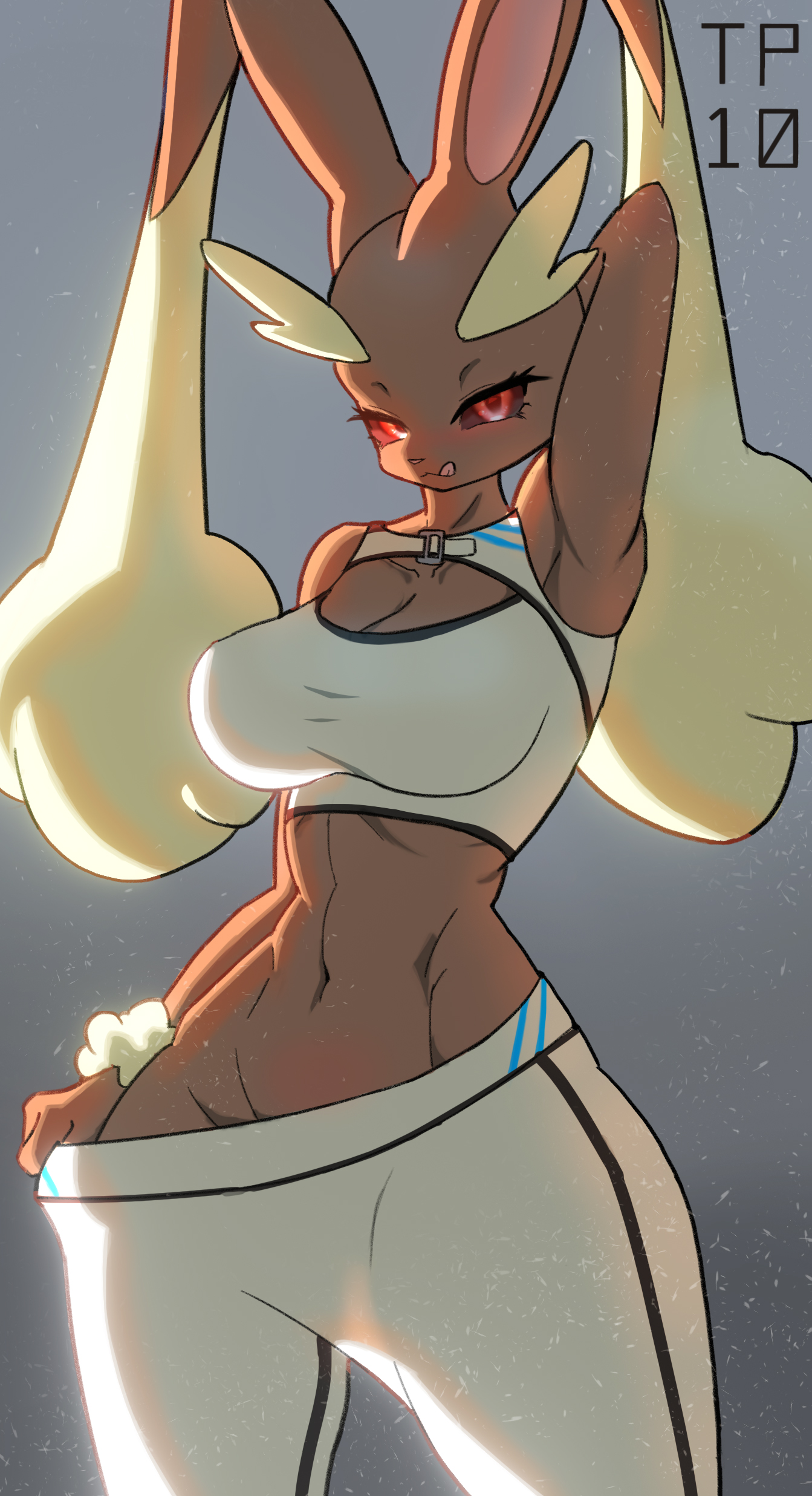 abs, anthro, anthro only, big breasts, breasts, brown fur, bunny girl, cream fur, female, fit, fit female, furry, game freak, gym clothes, hourglass figure, lagomorph, lopunny, nintendo, pokémon (species), pokemon, pokemon (species), pokemon dppt, small waist, teasing, thick thighs, tp10