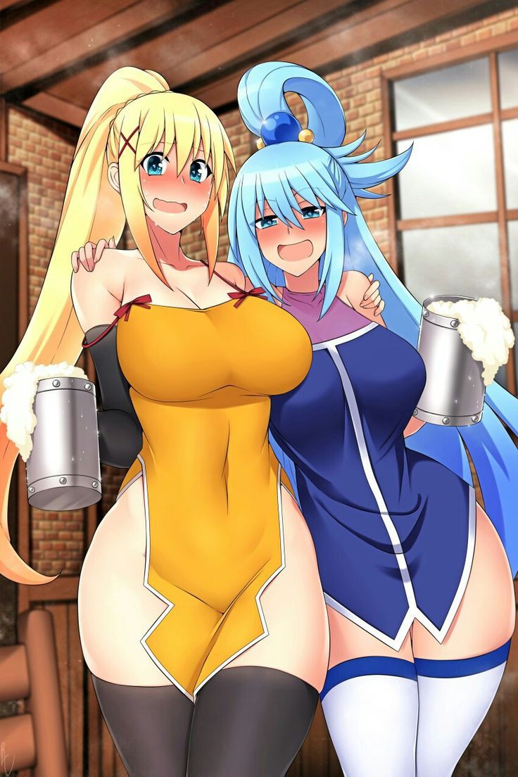 2girls aqua_(konosuba) bar bare_shoulders beer big_breasts blonde_hair breasts busty cyan_eyes cyan_hair darkness_(konosuba) dress drunk duo feather_dress female female_only hair_clip hips huge_breasts kono_subarashii_sekai_ni_shukufuku_wo! lindaroze long_hair long_socks looking_at_viewer navel_visible_through_clothes open_mouth ponytail shoulder_grab sleeves thick thick_thighs thigh_socks thighs wide_hips wide_thighs