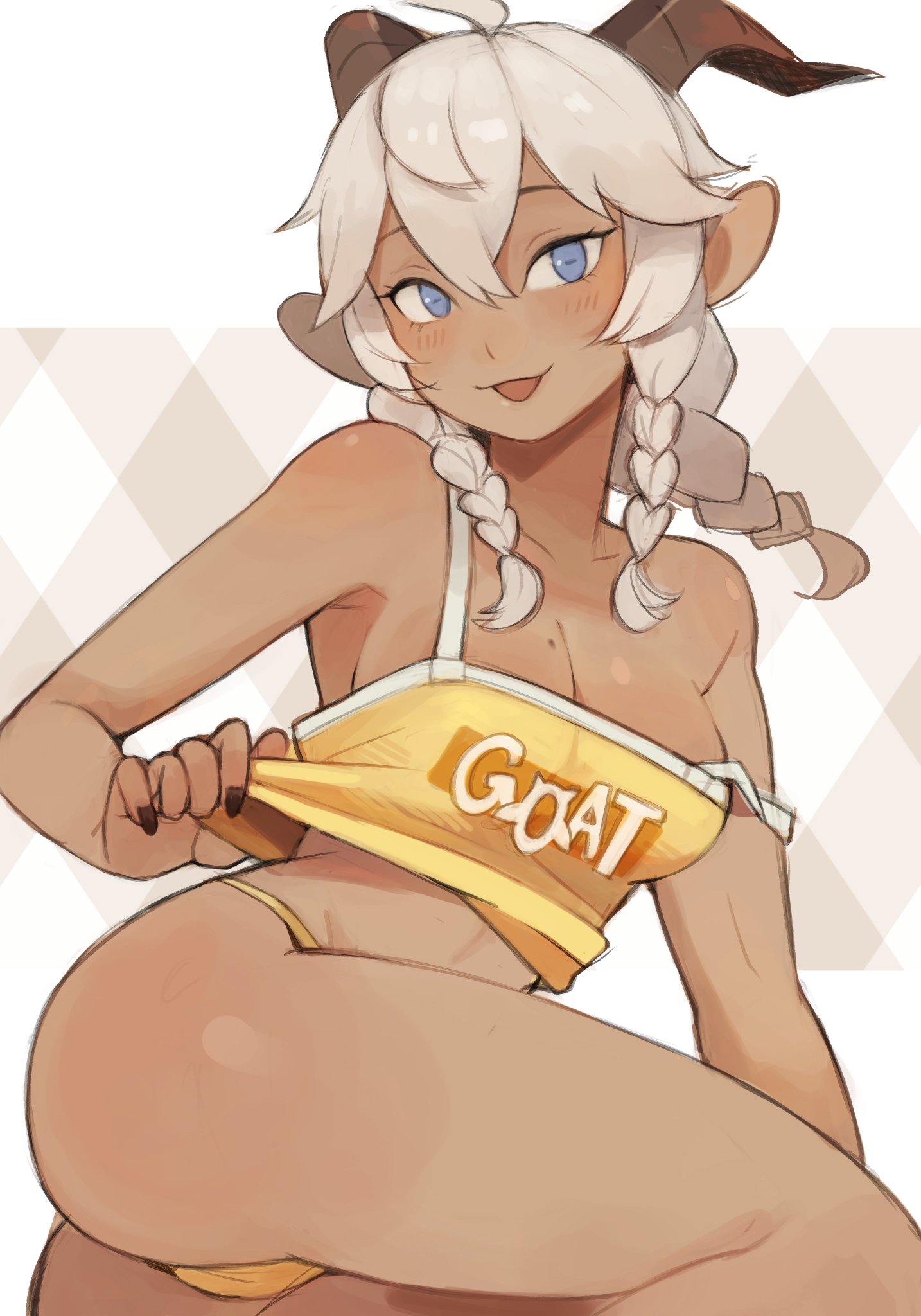 1girls, animal ears, blue eyes, brown nails, cleavage, female, female only, goat ears, goat girl, goat horns, happy, horns, mabel (suizilla), original, panties, solo, suizilla, tan skin, tan-skinned female, tank top, tank top pull, twin braids, yellow panties