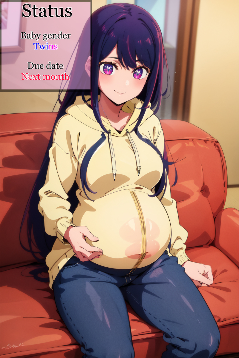 after_sex ai_generated big_breasts blue_hair blush english_text hoshino_ai idol long_hair oshi_no_ko pink_eyes pregnant see-through see-through_clothing star_shaped_pupils yucchiaiart