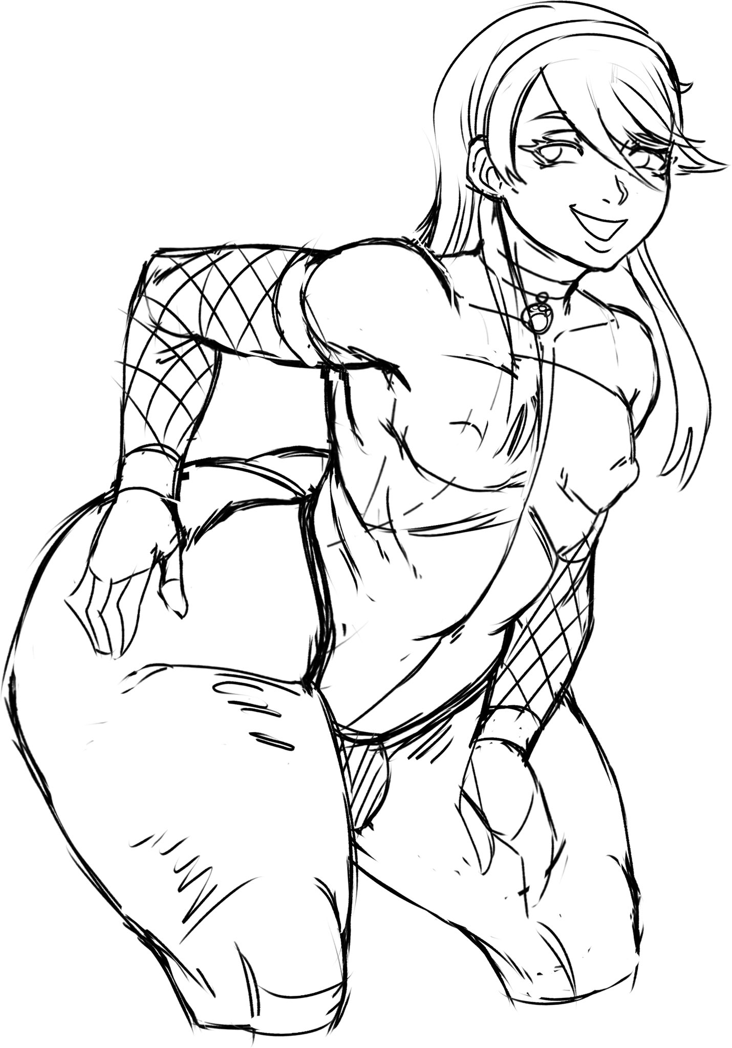 atlus, choker, femboy, fishnet armwear, kuma (persona 4), male, persona, persona 4, rough sketch, slushiebest, teddie (persona), thick thighs, thong