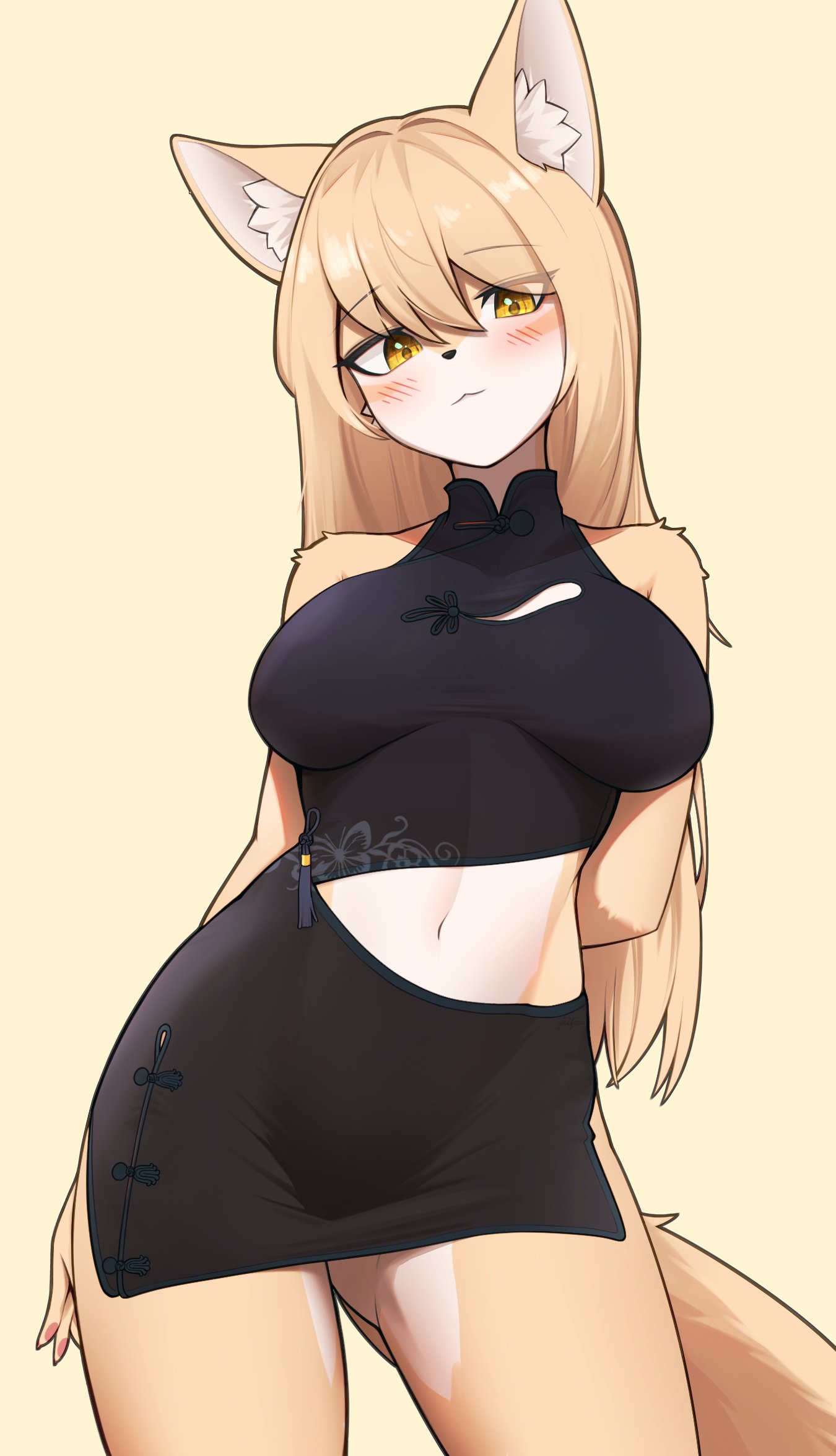 1girls :3 animal_ear_fluff animal_ears anthro arm_behind_back ass_visible_through_thighs belly belly_button big_breasts big_thighs black_dress blonde_hair blush breasts china_dress curvaceous curvy cute dress female female_anthro female_only fluffy_ears fluffy_tail fox fox_ears fox_girl fox_tail fur furry furry_female hair_between_eyes happy hips huge_breasts huge_thighs korfiorano large_breasts large_thighs long_hair looking_at_viewer massive_thighs midriff naughty_face naughty_smile navel posing rebekah seductive seductive_eyes seductive_gaze seductive_look seductive_mouth seductive_pose seductive_smile simple_background smug smug_face solo solo_female stomach tail thick_thighs two_tone_body voluptuous waist wasp_waist wide_hips wide_thighs yellow_background yellow_eyes yellow_fur