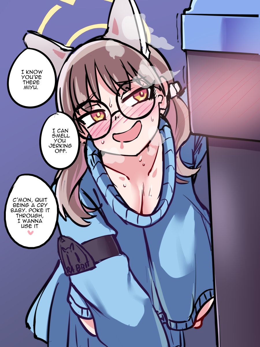 1futa 1girls animal_ears_headband blue_archive breasts brown_hair dialogue english_text female futanari glasses huge_breasts ihcaris light-skinned_female light_skin long_hair miyu_(blue_archive) moe_(blue_archive) naughty_face rabbit_squad_(blue_archive) recycle_bin sirachi srt_special_academy_student text trash_can