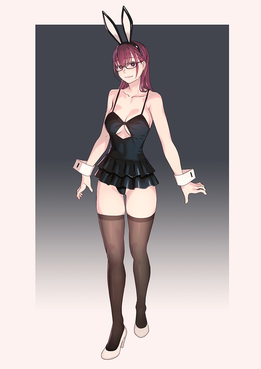 bunny_ears bunny_girl bunnysuit character_request cleavage clothing_cutout female female_only fully_clothed glasses high_heels kantai_collection miniskirt red_hair revealing_clothes skirt stockings tagme underboob underboob_cutout yuuji_(and)