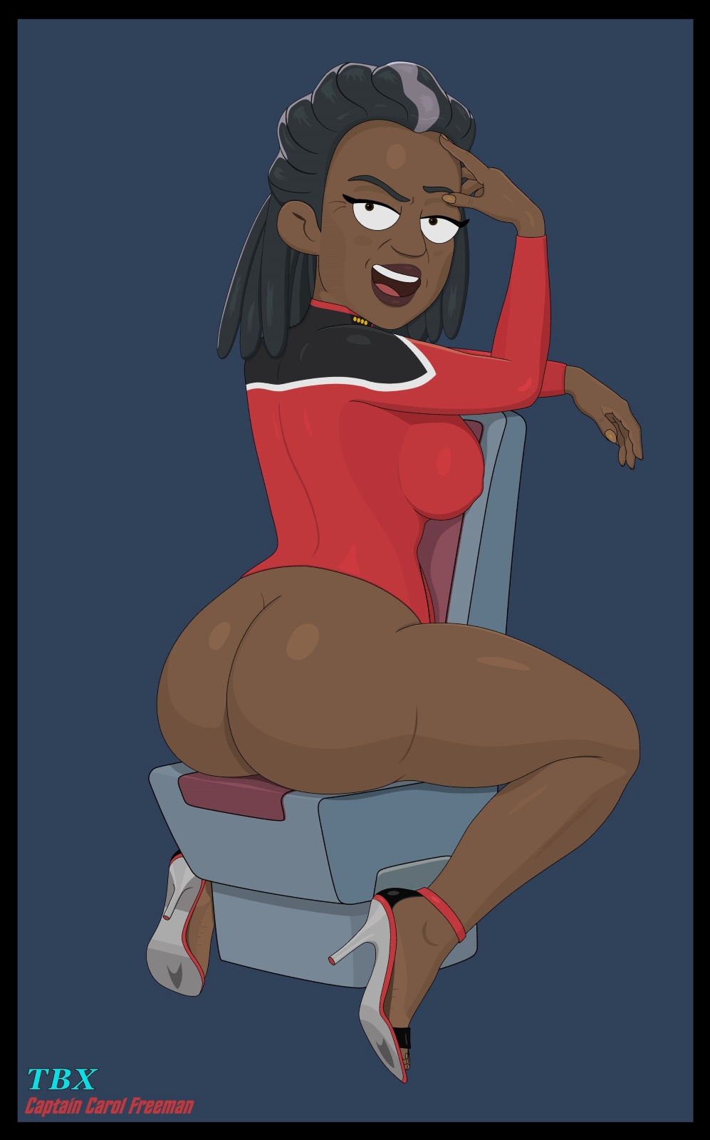 1girls 2023 ass big_ass big_breasts bottomless bottomless_female braided_hair carol_freeman chair crows_feet dark-skinned_female dark_skin dreadlocks female hand_on_head high_heels human mature_female milf older_female pinup presenting_ass sitting_backwards skunk_stripe smiling_at_viewer solo solo_female squished_breasts star_trek star_trek_lower_decks starfleet_insignia starfleet_uniform tbx text thick_thighs wrinkles