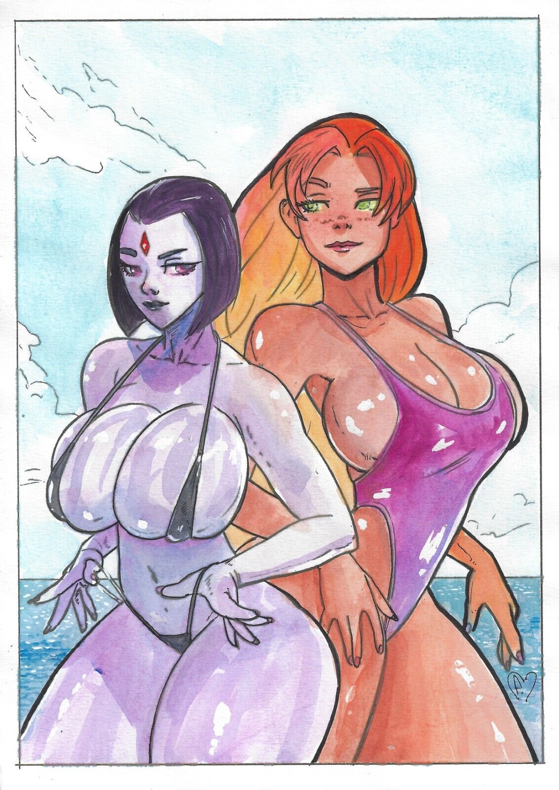2023, 2girls, artist request, bikini, bindi, dc, dc comics, ed benes studio, female, female only, hi res, koriand'r, long hair, multiple females, multiple girls, orange hair, rachel roth, raven (dc), signature, starfire, swimsuit, teen titans, text, violet hair, voluptuous, voluptuous female