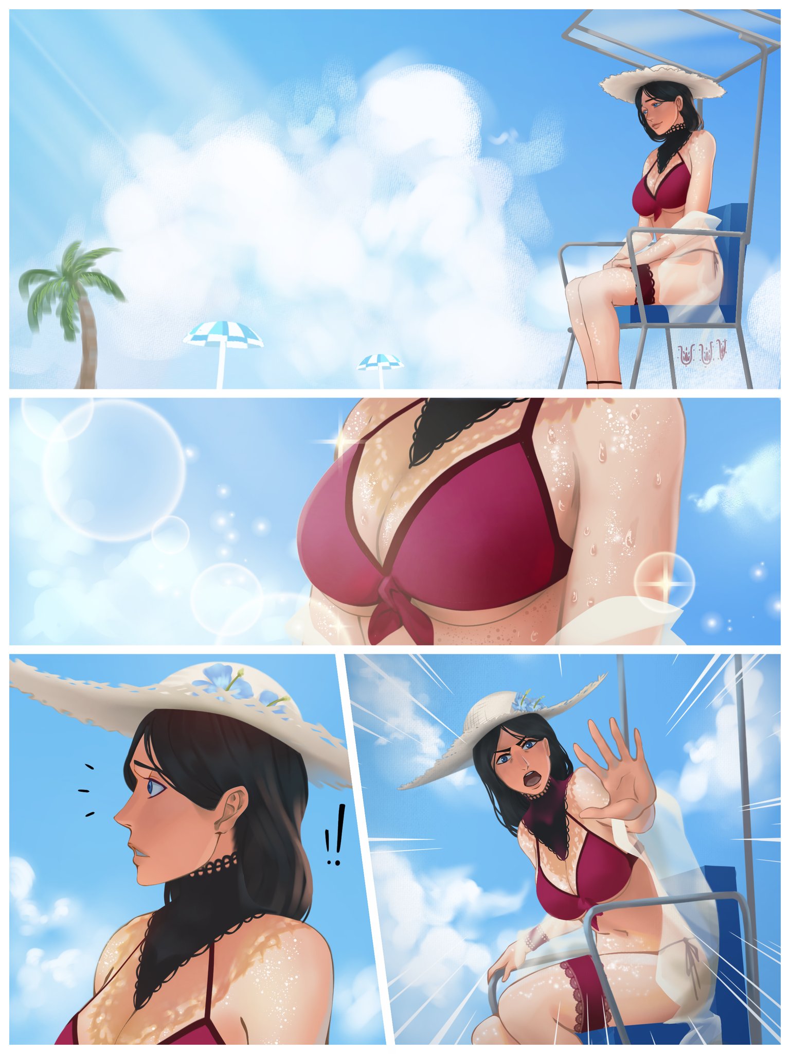 !!, 1girls, beach, big breasts, bikini, black hair, bleach, bleach brave souls, braid, breasts, caught staring, chair, cleavage, embarrassed, female, female focus, female only, front-tie bikini, hat, jinmakoto, light particles, looking at breasts, looking at viewer, mature, mature female, milf, palm tree, red bikini, revealing clothes, solo, solo focus, staring, staring at breasts, straw hat, sunlight, umbrella, unohana retsu, viewer perspective, viewer pov, voluptuous