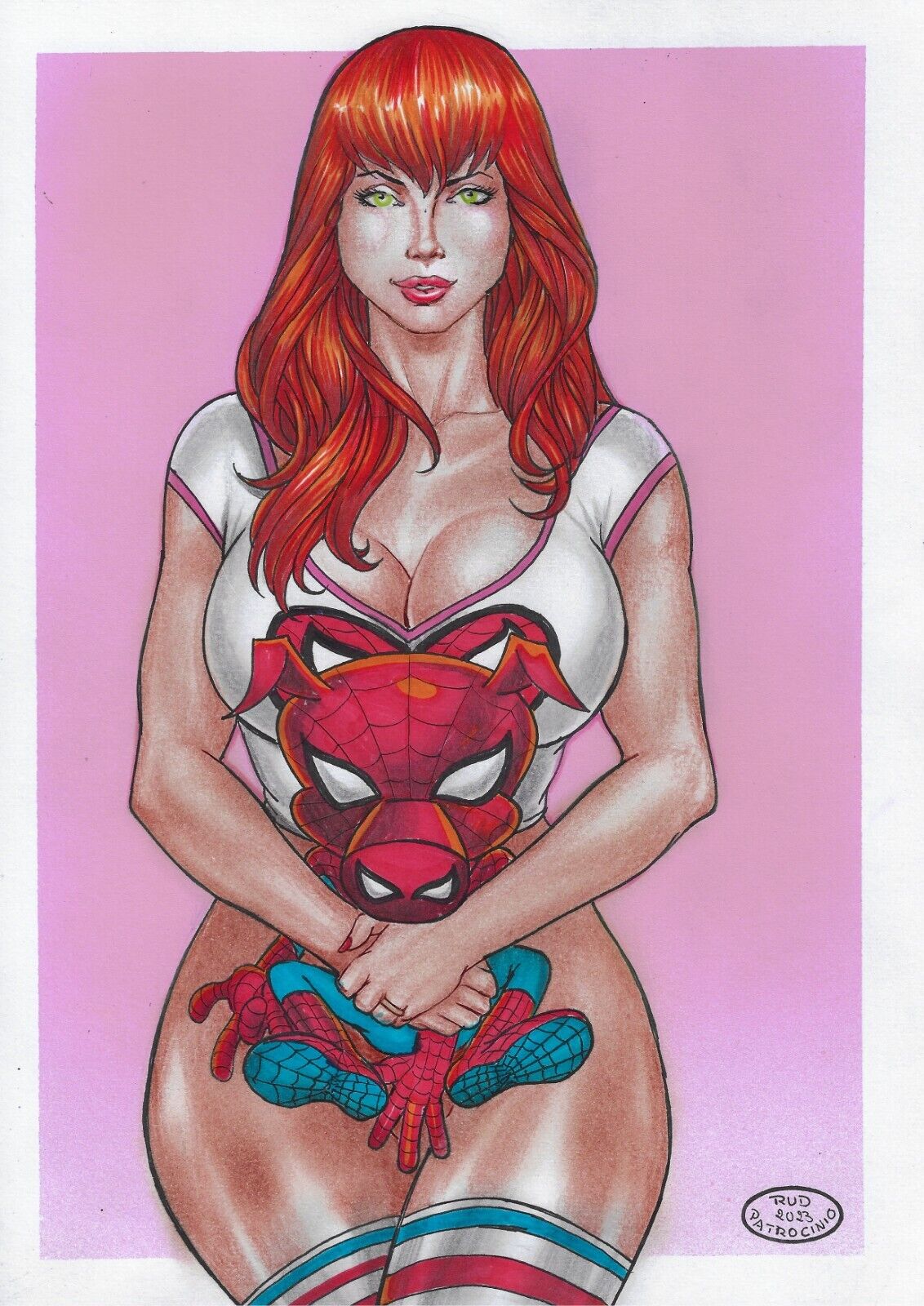 1girls curvaceous curvy_body curvy_female ed_benes_studio female_focus female_only hi_res long_hair marvel marvel_comics mary_jane_watson peter_porker red_hair rudimar_patrocinio spider-ham stockings voluptuous voluptuous_female