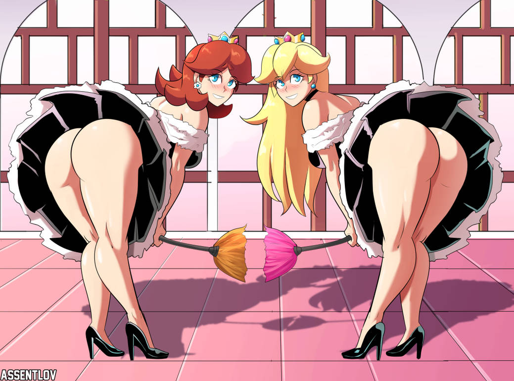 2girls ass assentlov bent_over blonde_hair blue_eyes breasts brown_hair choker crown earrings feather_duster female female_only flower_earrings high_heels holding_feather_duster large_breasts long_hair looking_at_viewer looking_back maid maid_uniform mario_(series) medium_hair nintendo no_panties princess_daisy princess_peach tile_wall