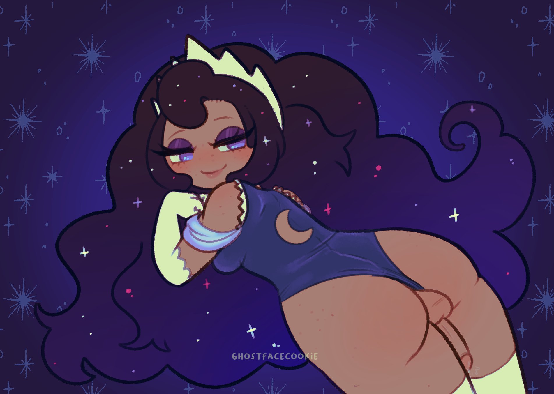 1futa, ass, balls, before sex, big ass, big butt, blue hair, cleavage, cookie run, futanari, ghostfacecookie, intersex, looking back, moonlight cookie, penis, precum, purple eyes, simple background, stars, thick ass, thick thighs, thighhighs, trans woman, transfem, wet penis