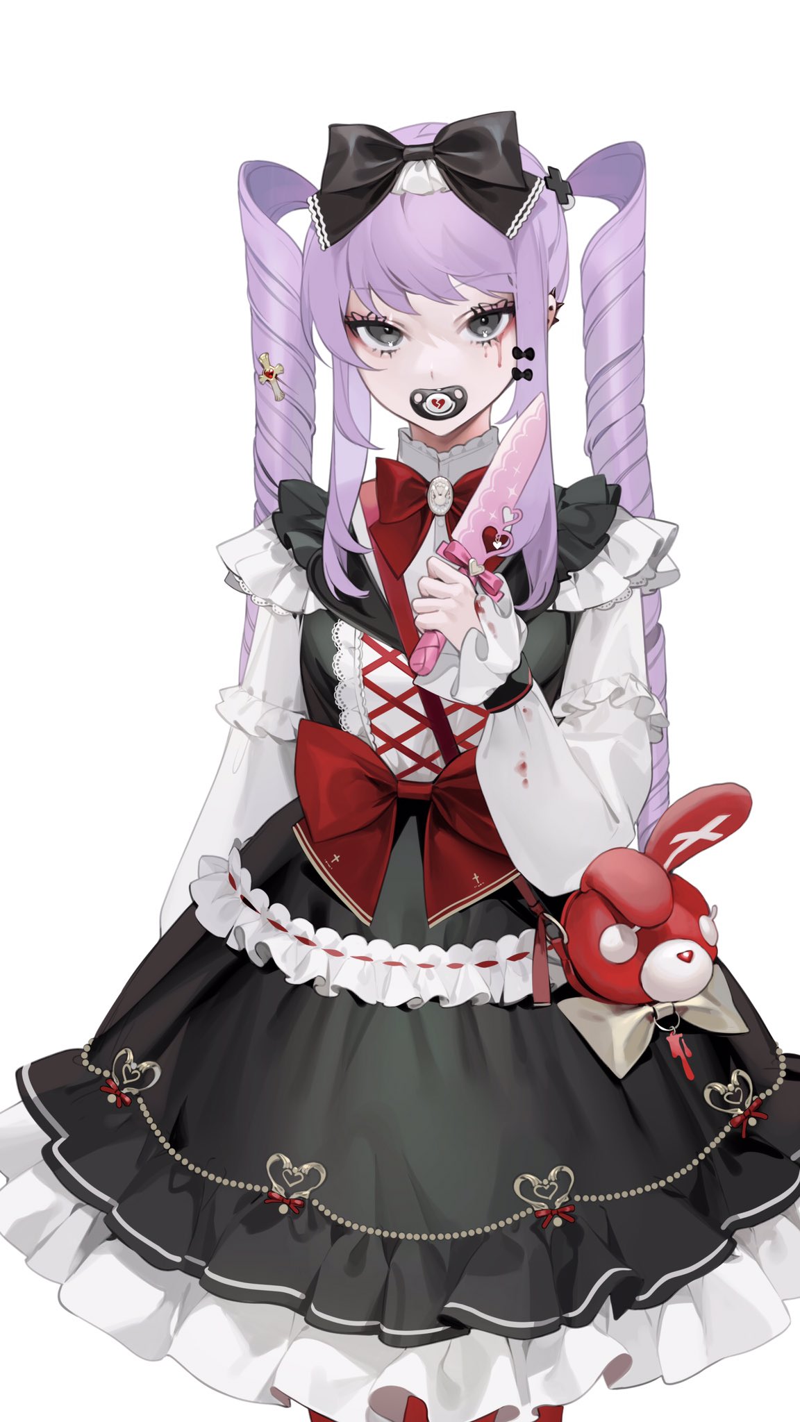 1girls animal_bag bag black_dress black_eyes bow breasts character_request dress earrings female frilled_dress goth goth_girl gothic_lolita hair_ornament hairbow knife lolita_fashion looking_at_viewer makeup medium_breasts ohisashiburi original original_character pacifier purple_hair shoulder_bag twin_drills yami_kawaii