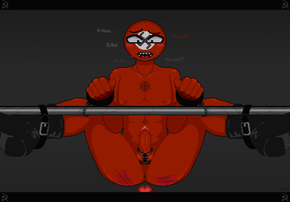 anal bondage boots countryhumans dubious_consent gay german_text handcuffs nazi_germany_(countryhumans) perse_*_blyat soviet_union_(countryhumans) spreader_bar whip_marks