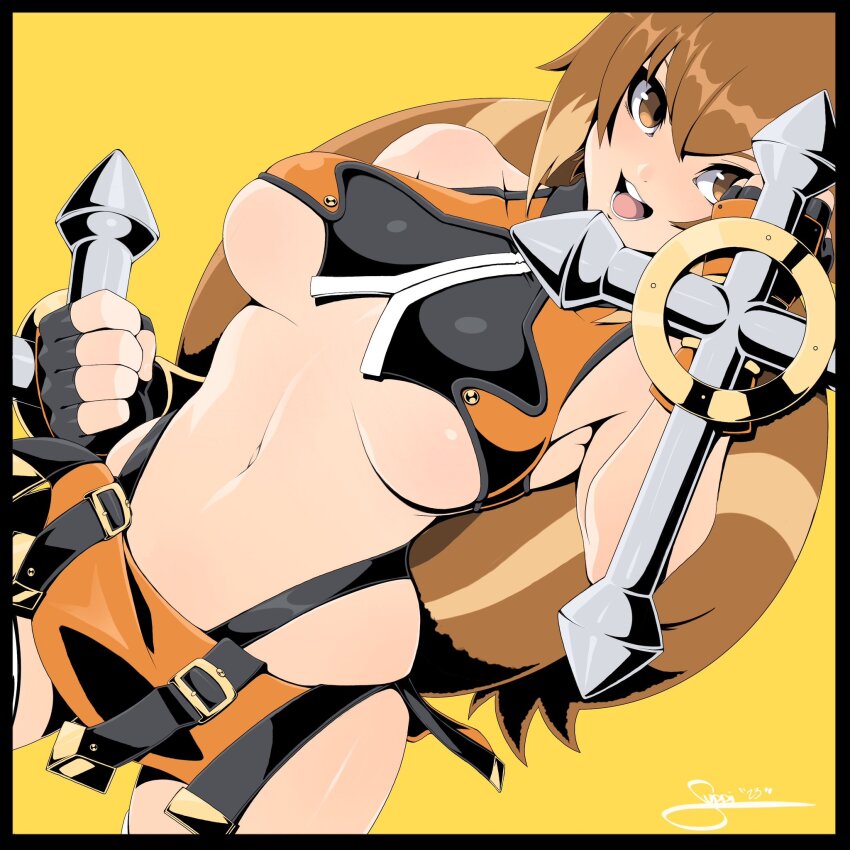 animal_ears blazblue breasts brown_eyes brown_hair crop_top female highres its_just_suppi large_breasts makoto_nanaya microskirt short_hair skirt squirrel_ears squirrel_tail tail tonfa underboob weapon