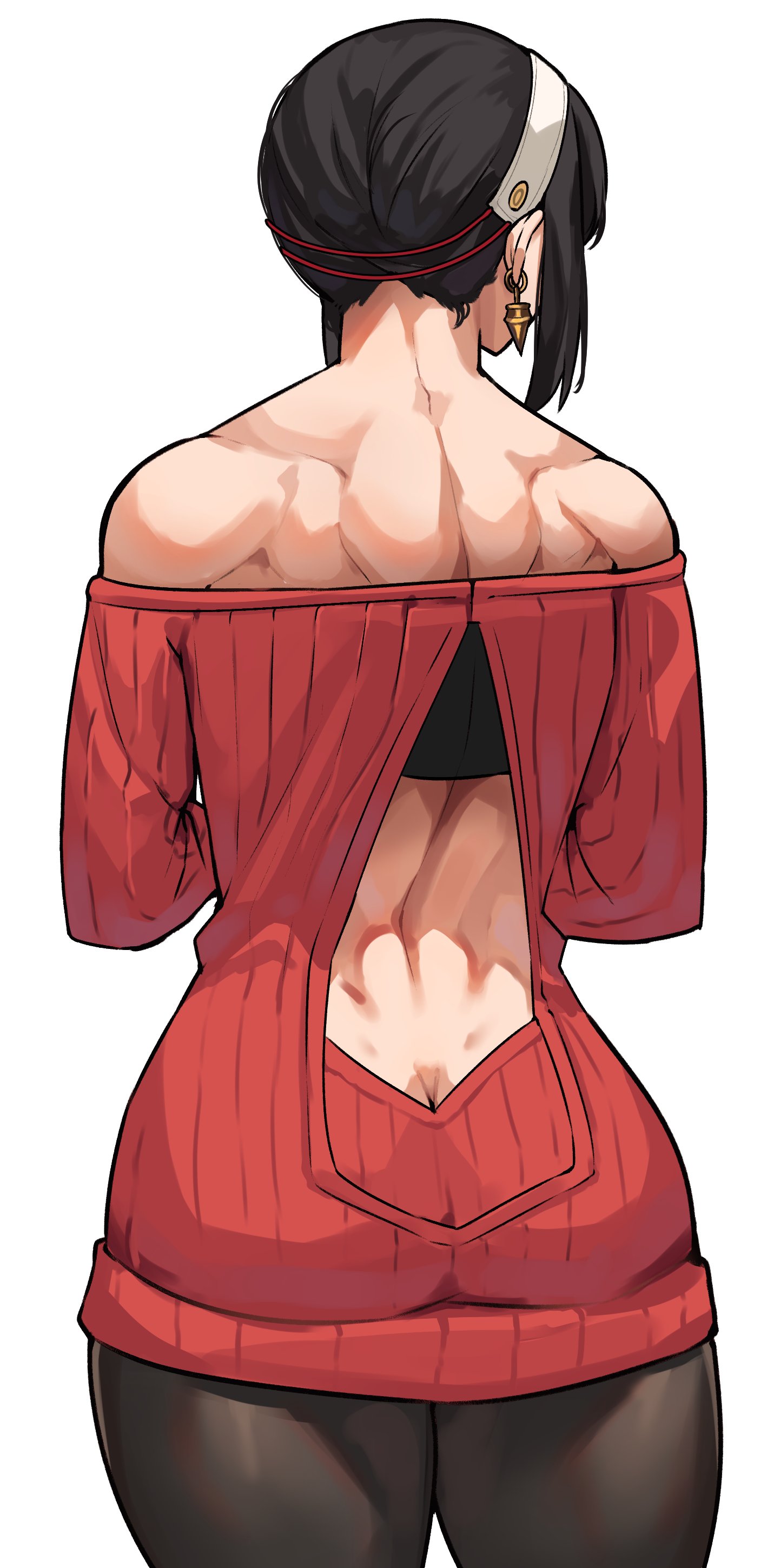 1girls, ass, ass cleavage, ass crack, assassin, back, back cutout, back muscles, black hair, butt crack, clothing cutout, cromwellb, dress, earrings, facing away, female, from behind, hairband, highres, jewelry, median furrow, muscles, muscular, muscular back, muscular female, off shoulder, off-shoulder dress, pantyhose, red sweater, simple background, solo, spy x family, sweater, sweater dress, thorn princess, white background, yor briar