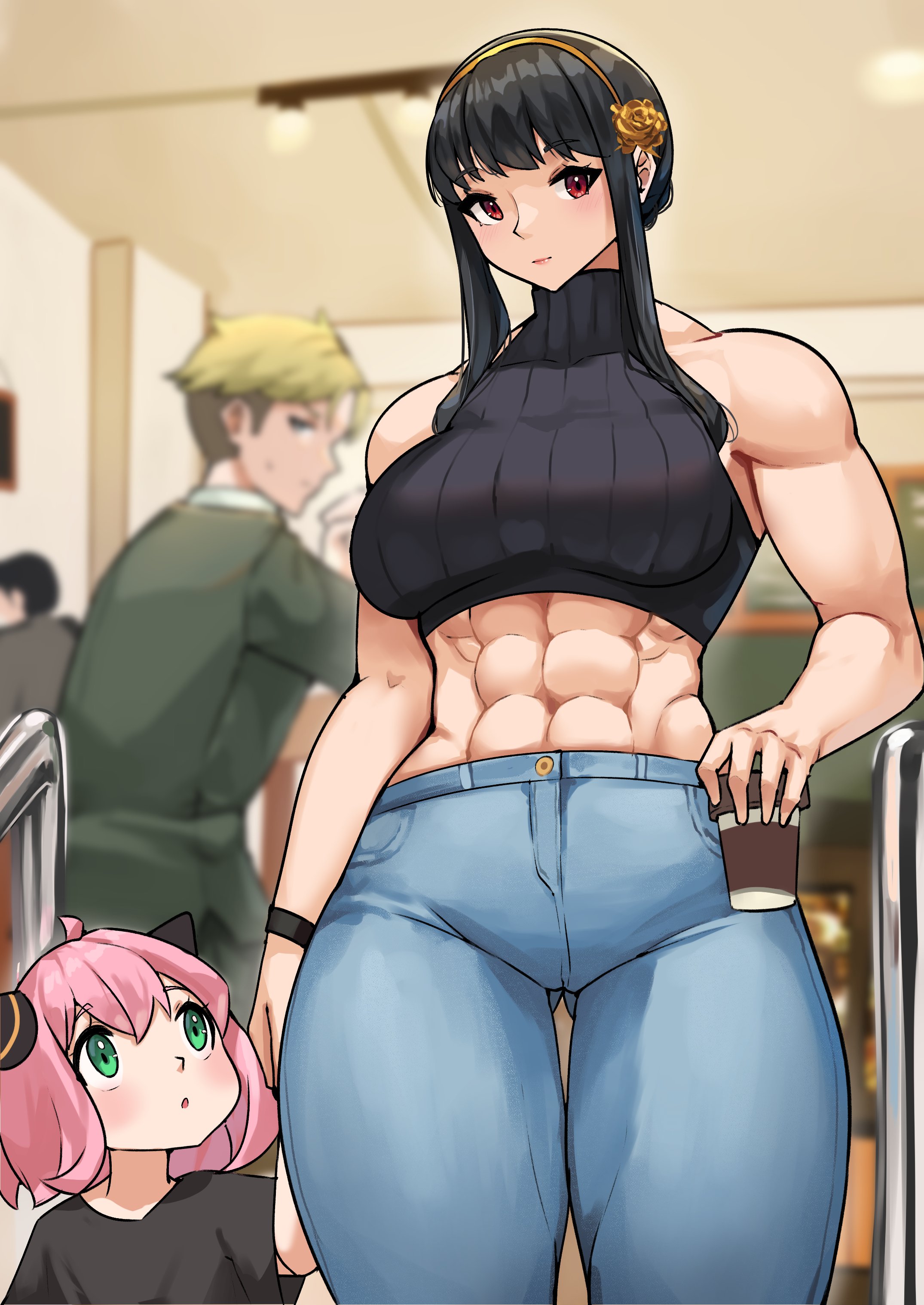 1boy, 2girls, abs, absurdres, alternate muscle size, anya forger, ass visible through thighs, black hair, black shirt, blonde hair, blurry, blurry background, cafe, cromwellb, crop top, cup, denim, disposable cup, drink, father and daughter, female, formal, green eyes, hair ornament, highres, holding, holding drink, holding hands, human, jeans, light skin, light-skinned male, loid forger, long bangs, looking up, male, midriff, mother and daughter, multiple females, multiple girls, muscles, muscular, muscular female, pale skin, pants, pink hair, red eyes, ribbed shirt, shirt, short hair, sleeveless, sleeveless shirt, sleeveless turtleneck, spy x family, suit, thigh gap, turtleneck, yor briar, yor forger