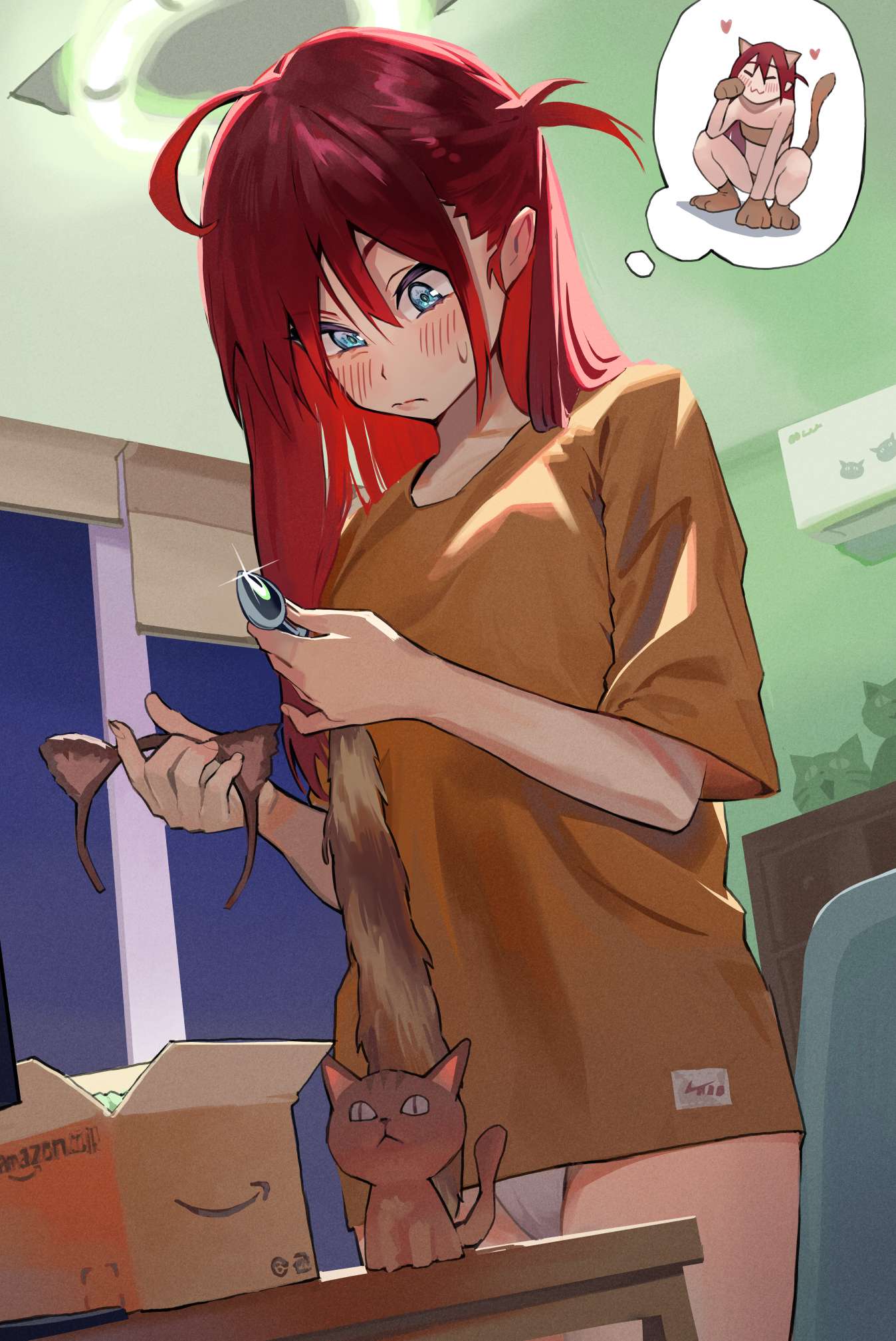 1girls amazon_(company) anal_tail blue_eyes blush bottomless buttplug buttplug_tail cat cat_ears cat_tail dutch_angle embarrassed imagination imagining indoors long_hair looking_down no_pants original package panties red_eyes red_hair redhead solo some1else45 standing sweat window