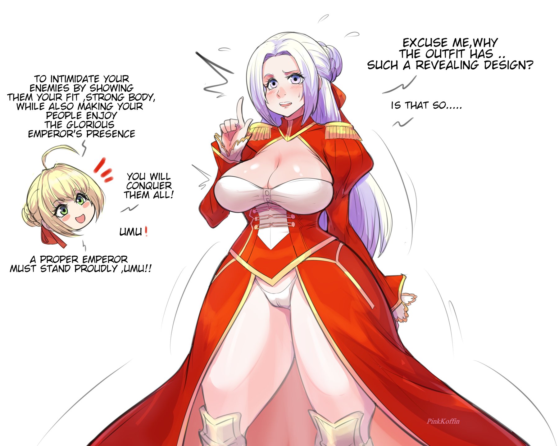 2girls, blonde hair, breasts, cleavage, cosplay, crossover, crossover cosplay, dialogue, dress, edelgard von hresvelg, english text, fate (series), fate/extra, fate/grand order, female, fire emblem, fire emblem: three houses, green eyes, huge breasts, long hair, nero claudius (fate), nero claudius (fate) (cosplay), nintendo, outfit swap, pinkkoffin, post-timeskip, purple eyes, short hair, text, thick thighs, thighs, white hair