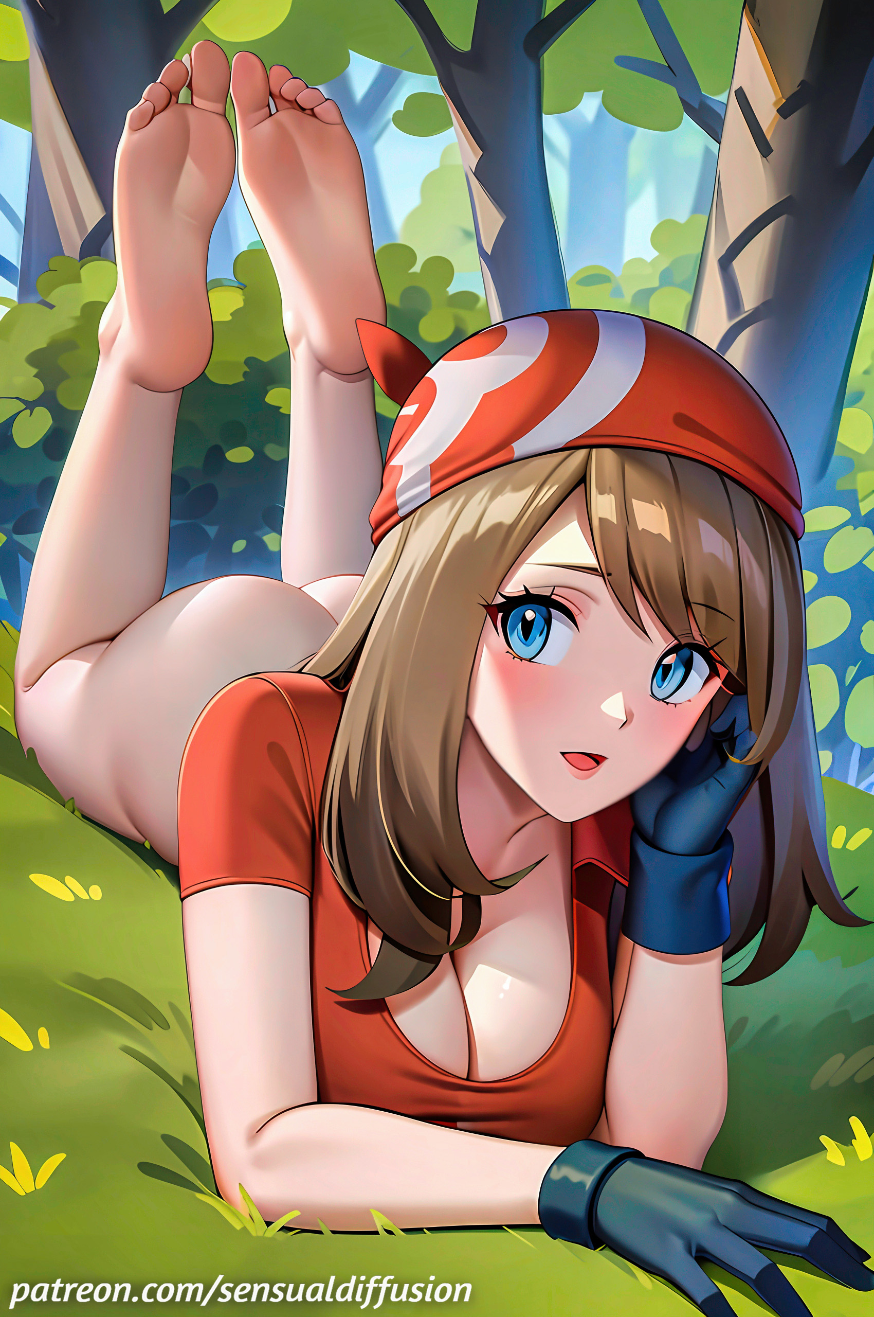 1girls, 2d, 4k, ai generated, anime, ass, bandana, barefoot, blue eyes, blush, bottomless, breasts, brown hair, cleavage, cute, fanart, feet, feet up, female, forest, gloves, grass, huge breasts, large breasts, legs up, long hair, looking at viewer, lying, lying on stomach, may (pokemon), naked, nature, nintendo, nude, on stomach, open mouth, outdoors, parted lips, pinup, pokemon, pokemon rse, pokemon trainer, pose, sensualdiffusion, shirt, smile, soles, solo, stable diffusion, the pose, toes, trainer, trees, video games
