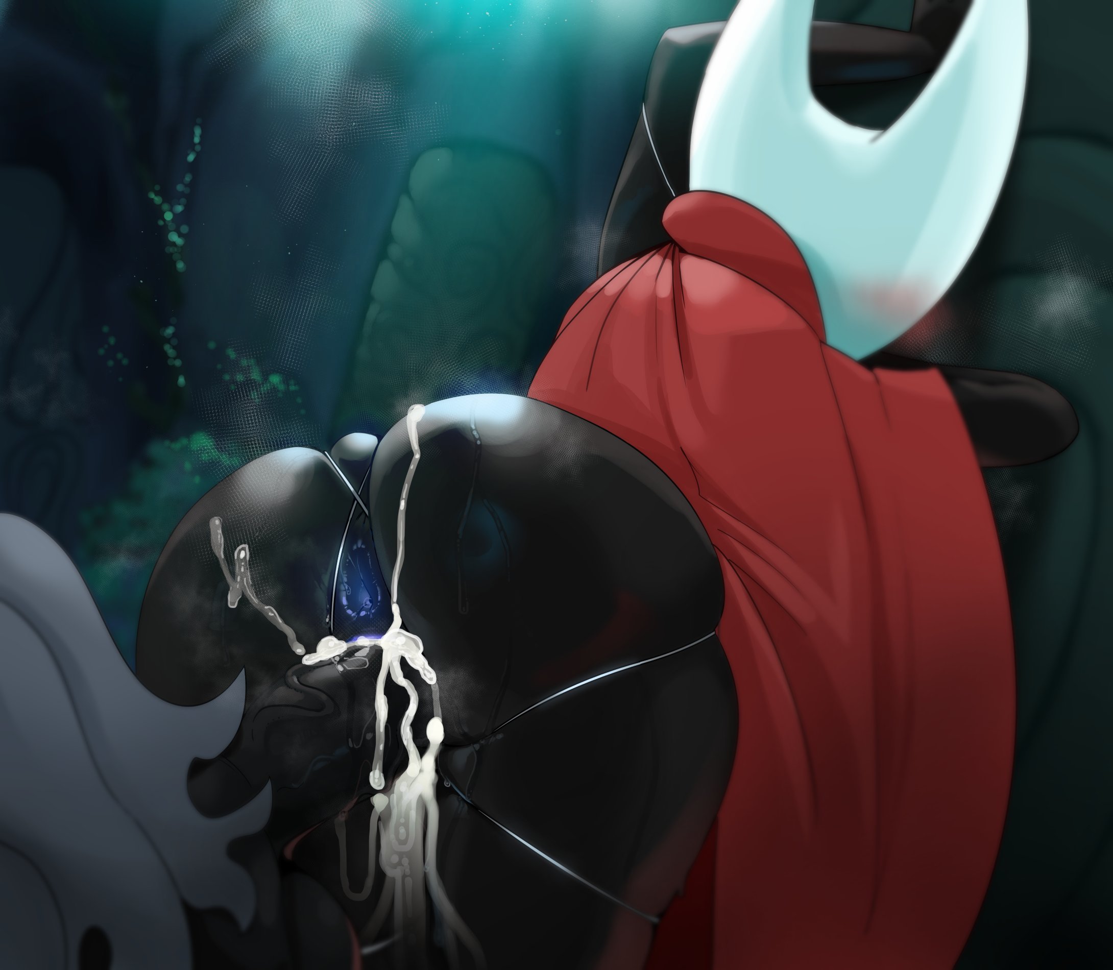 1boy, 1girls, against wall, ass, big ass, big penis, black body, blue anus, blue pussy, blush, breath, bug, cum, cum in pussy, cum on ass, digital media (artwork), exposed ass, exposed pussy, facing away, female, hollow knight, hornet (hollow knight), insects, male, male/female, mdthetest, no humans, onomatopoeia, overflowing cum, penis, presenting hindquarters, pussy, questionable consent, red clothing, restrained, sex, small but hung, sweat, the knight (hollow knight), vaginal penetration