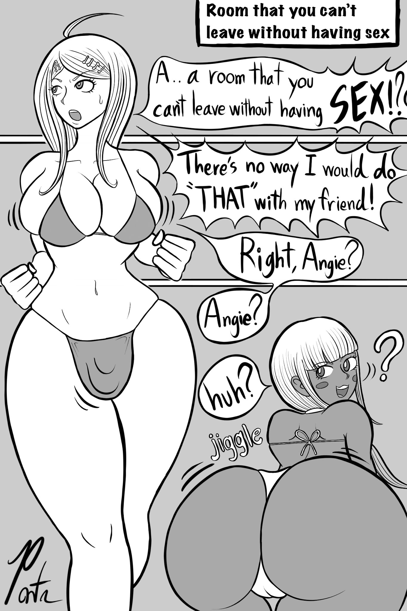 :3, ?, 1futa, 1girls, akamatsu kaede, ass, ass body, back, back view, bent over, big ass, big breasts, bikini, breasts, clothed, clothing, danganronpa, danganronpa v3, dark skin, dark-skinned female, dialogue, fat ass, female, futa with female, futanari, huge ass, human, imminent sex, intersex, large ass, light skin, light-skinned futa, long hair, looking back, mostly nude, pontapon, presenting, seductive, seductive look, shaking ass, solo focus, straight hair, text, thick thighs, wide hips, yonaga angie