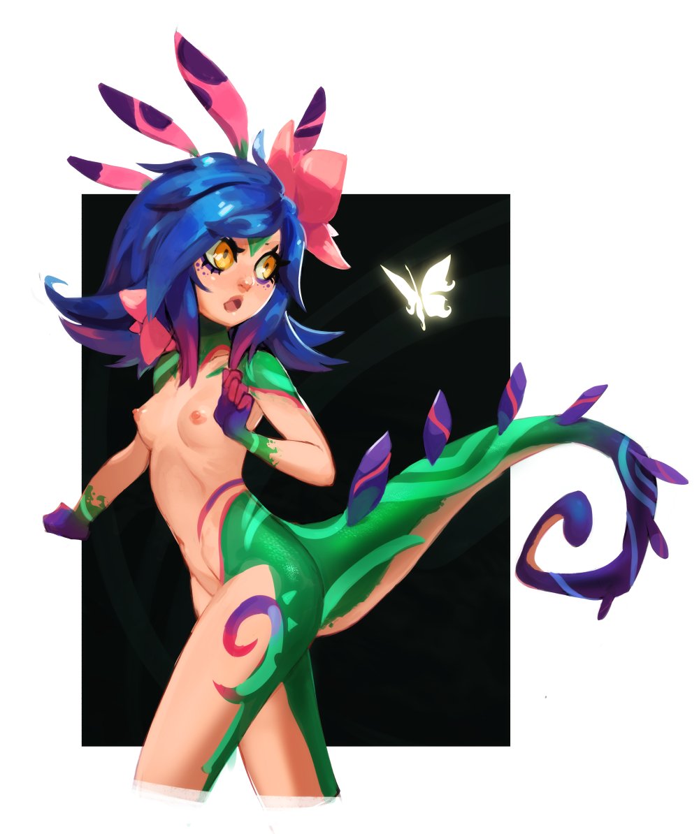 1girls blue_hair hair_ornament javehorny league_of_legends looking_back neeko nipples nude open_mouth orange_eyes short_hair small_breasts solo standing tail tattoo