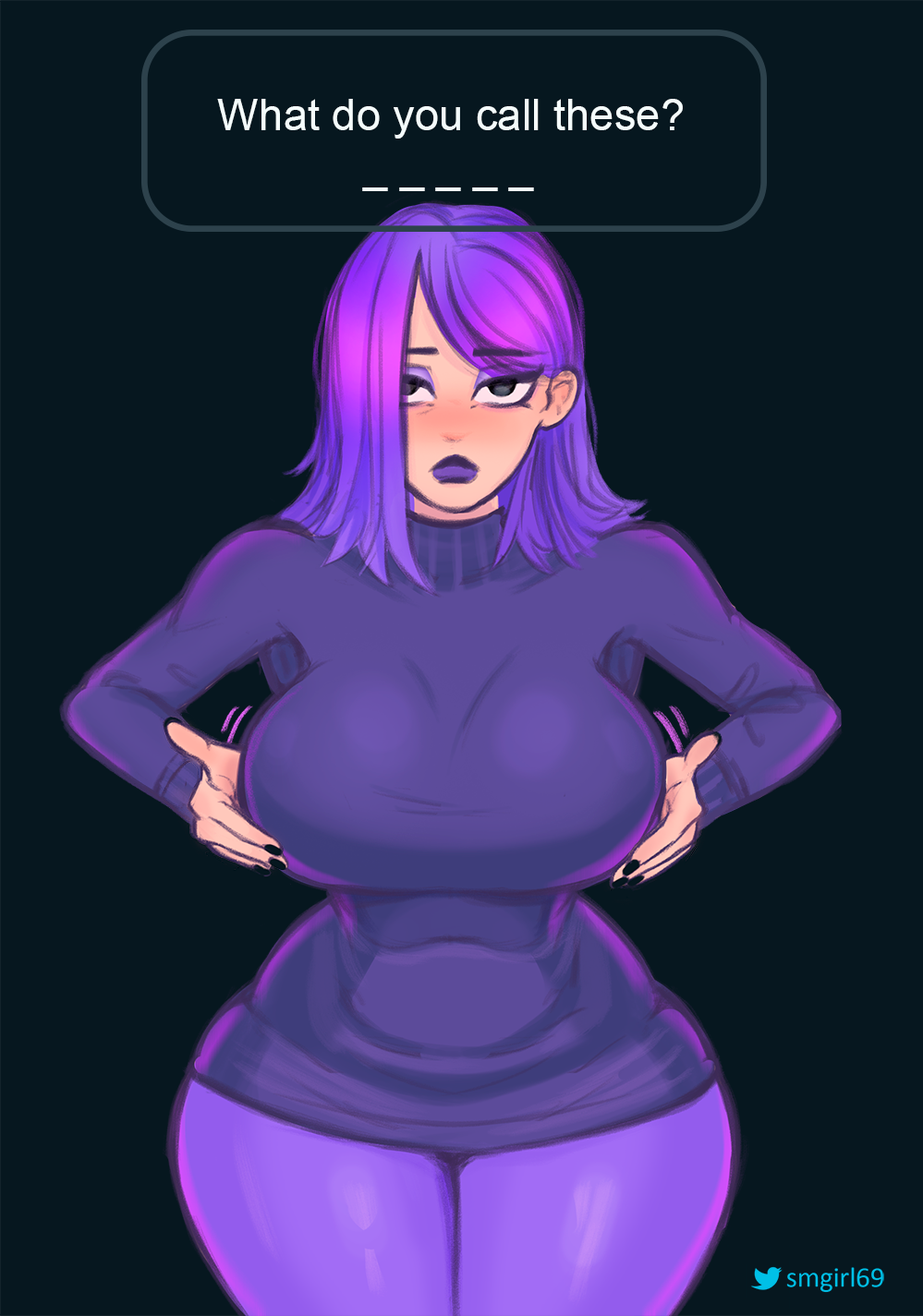 1girls big_breasts breast_squeeze curvy dialogue duolingo emo emo_girl english_text female_only lily_(duolingo) looking_at_viewer pov purple_eyes purple_eyeshadow purple_hair sexymilkygirl short_hair solo_female talking_to_viewer thighs