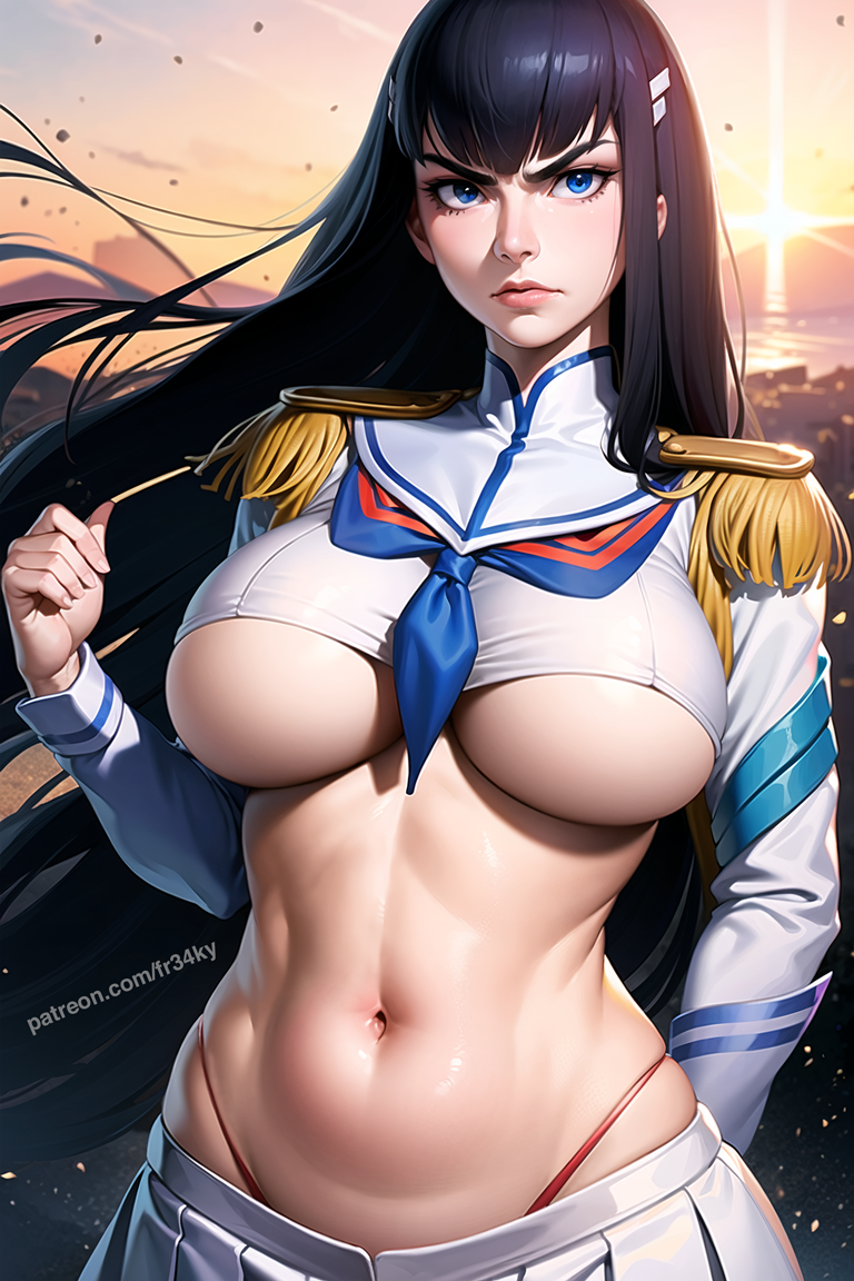 ai generated, angry, angry face, belly, big breasts, black hair, breasts, brunette, female, fr34ky, hime cut, innie belly button, junketsu, kill la kill, kiryuuin satsuki, light skin, light-skinned female, long hair, navel, plump lips, school uniform, schoolgirl, shiny skin, toned, toned stomach, tummy, underboob